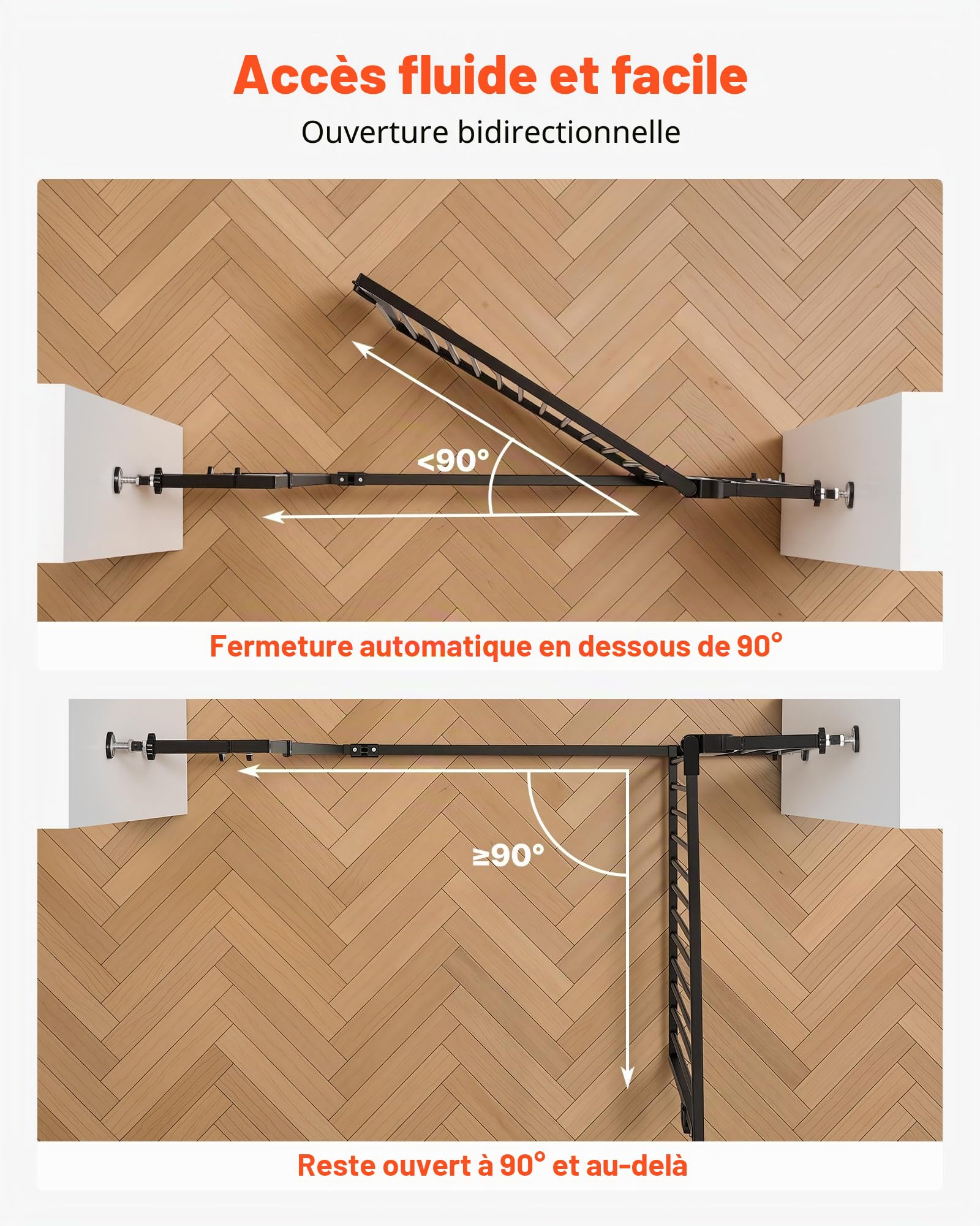 VEVOR Barrière de Sécurité pour Animaux Très Haute, Largeur Réglable 74-105 cm, Porte Chien Hauteur 142 cm, Barreaux Espacés 33 mm, Fixation par Pression ou Murale, pour Escaliers Portes Maison, Noir
