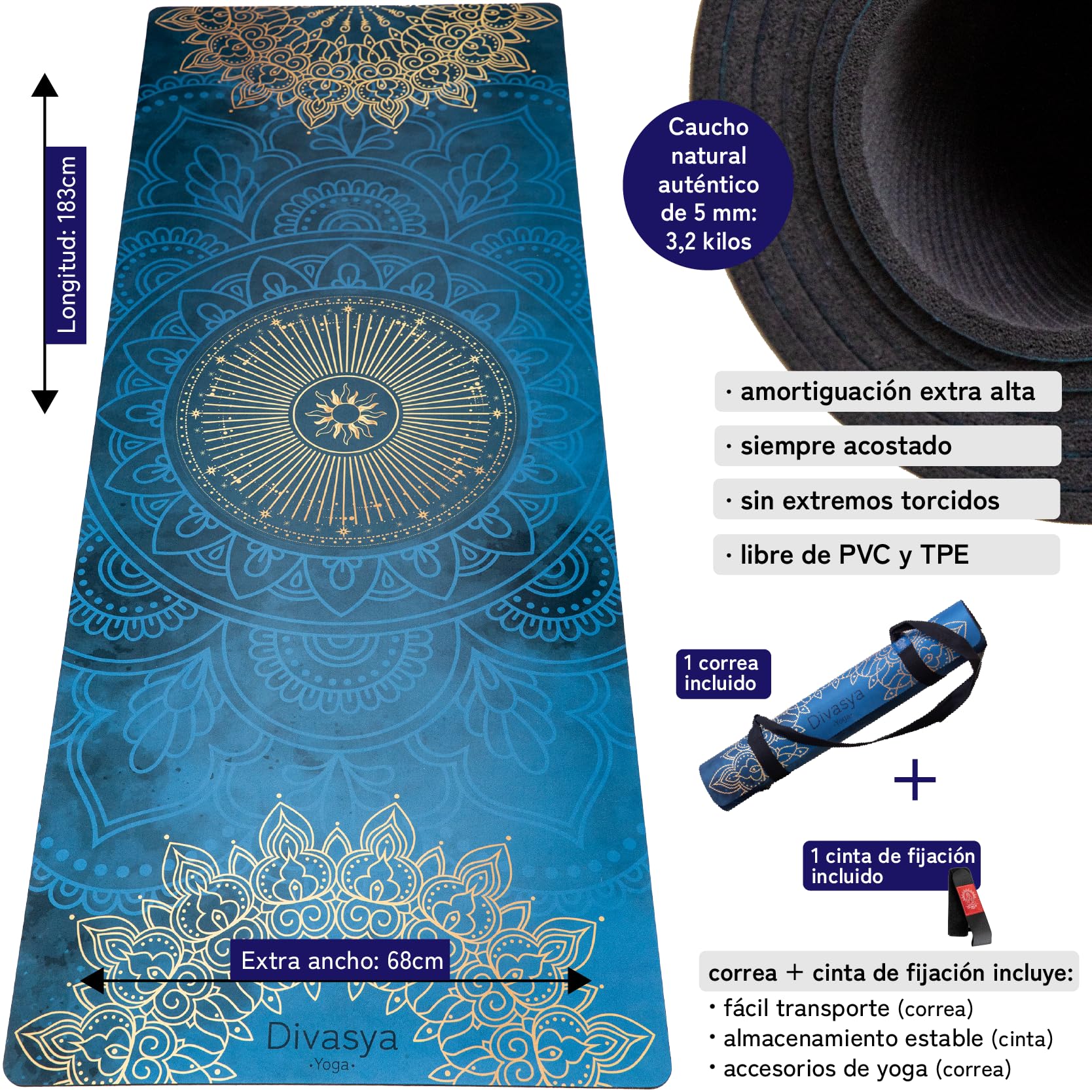 Esterilla de yoga sostenible y antideslizante: caucho natural antideslizante y superficie de microfibra absorbente, extra ancha y gruesa 183 x 68 x 0,5 cm, correa de transporte