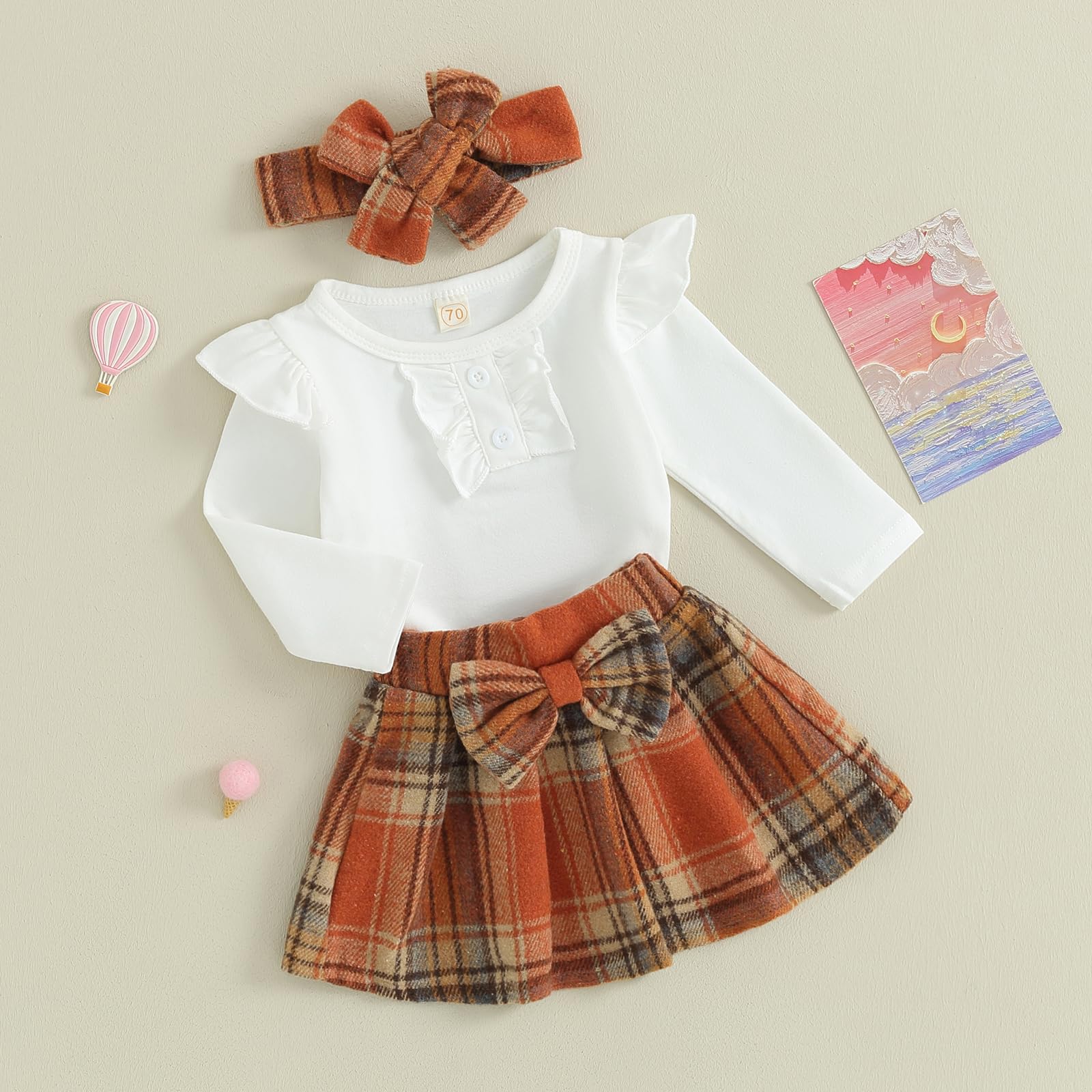 Youweixiong Newborn Baby Girl Outfits Ruffle Long Sleeve Solid Romper Top+Flannel Plaid Skirts+Headband 3pcs Cute Fall Winter Clothes Set (Orange, 0-3 Months)