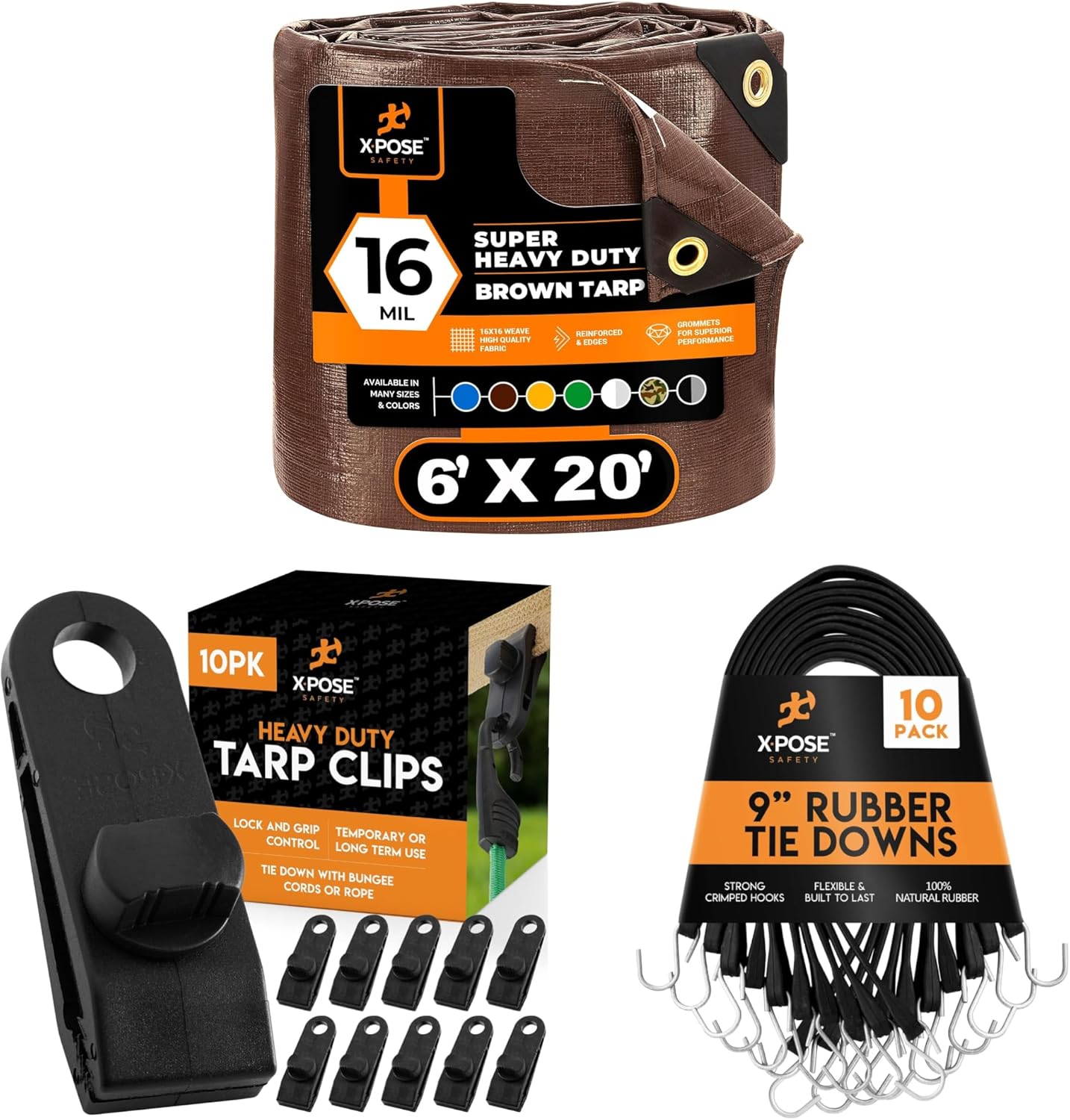 6' x 20' Super Heavy Duty 16 Mil Brown Poly Tarp Cover, Rubber Bungee Cords 10-Pack 9"(14” Max Stretch) & 10-Pack Heavy Duty Reusable Tarp Clips for Canopy, Boat, Cargo- by Xpose Safety