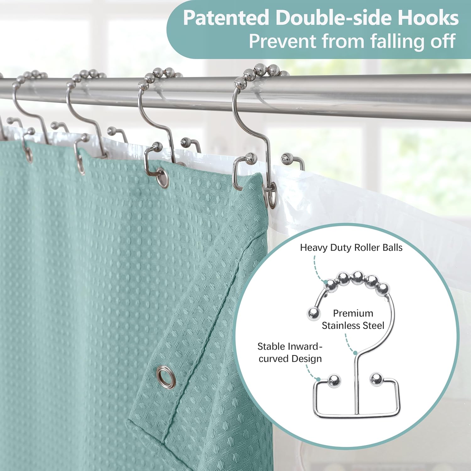VANZAVANZU All-in-One Shower Curtain Set for Bathroom Enhanced 3D Waffle Fabric Shower Curtain with PEVA Waterproof Liner & 12 Upgraded Anti-Fall Hooks Heavy Duty Bath Tub Curtain 72"x72" (Turquoise)