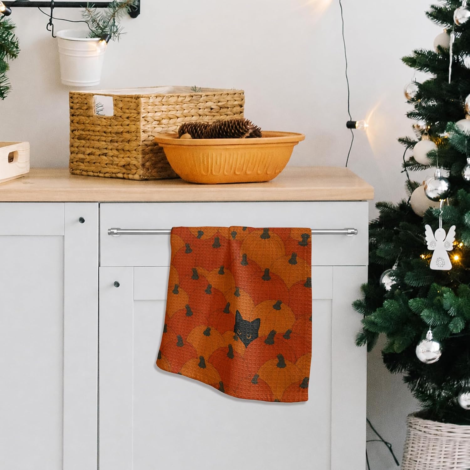 16" x 24" Fall Orange Pumpkin Kitchen Dish Towel - Pumpkin & Black Cat - Autumn Harvest Plaid Waffle Weave Hand Towel for Home Kitchen Bathroom - Thanksgiving Decoration & Gifts Supplies - A26