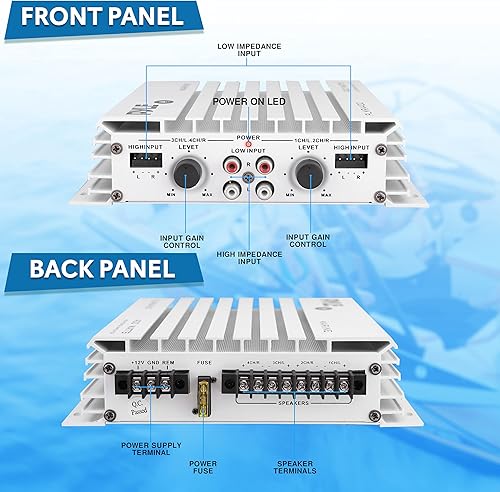 Miniatura 6 de Pyle Controlador de audio Bluetooth inalámbrico amplificado de 4 canales y amplificador Hydra Marine - 400 vatios, 4 canales, Bluetooth 5.0, USB,