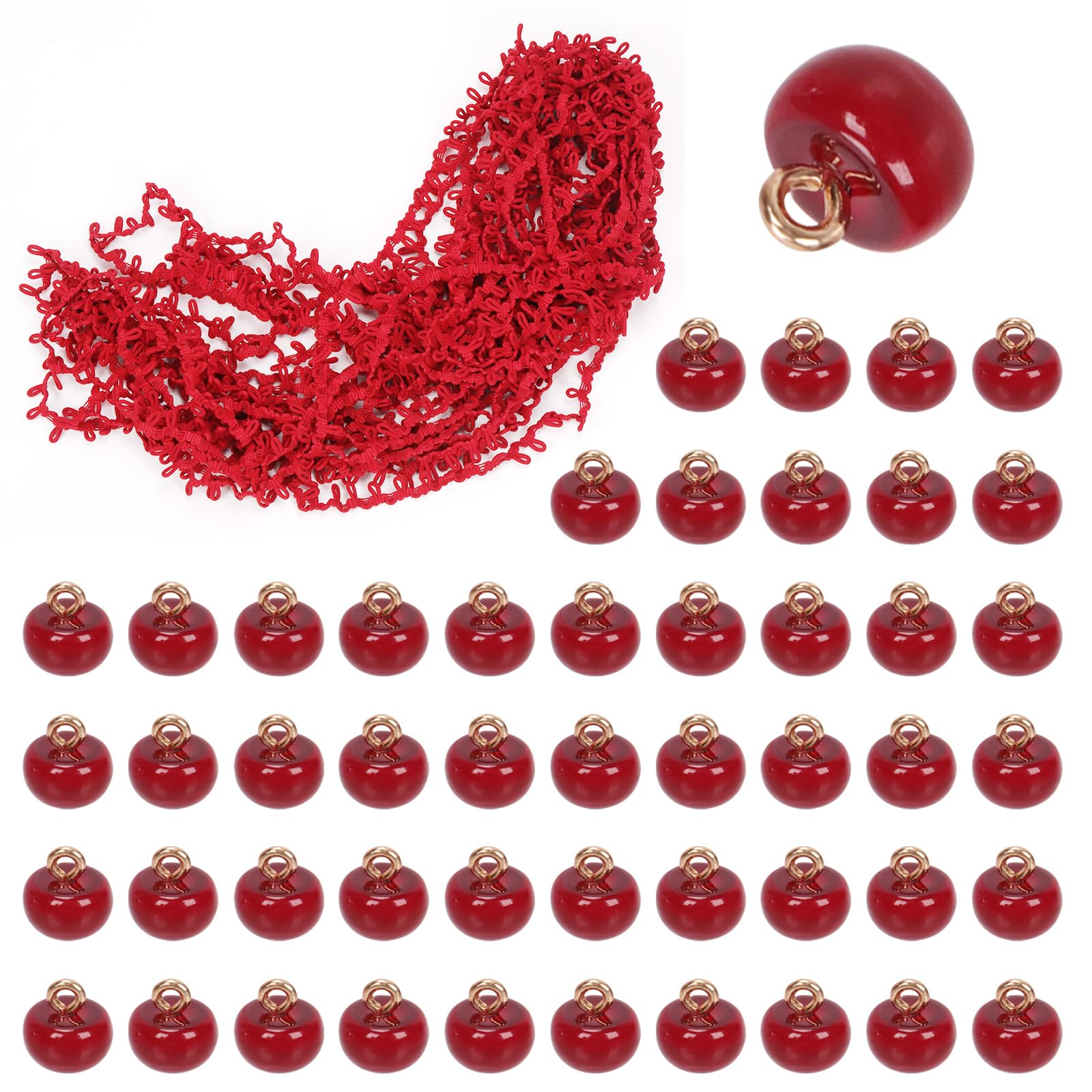 Swpeet 20 Yard Wine Red Braid Trim with Elastic Button Loop with 50Pcs Pearl Buttons Kit, Elastic Button Loop Stretch Band, Braid Trim Embellishment Elastic Cord with Buttonhole for Costume Crafts