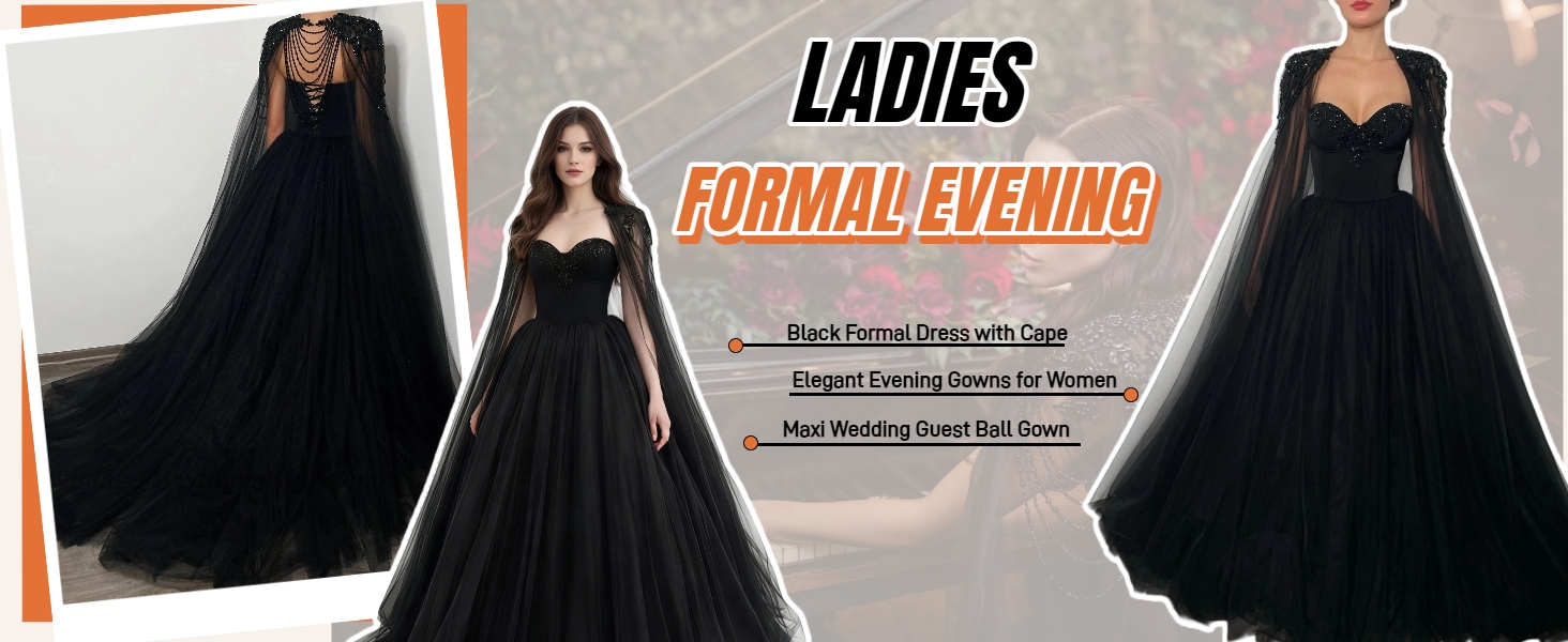 Amazon.com: Dydsz Gothic Black Blue Tulle Formal Evening Dress for Women  Beaded Long Prom Dress with Cape Masquerade Party Ball Gown Size 2 :  Clothing, Shoes & Jewelry