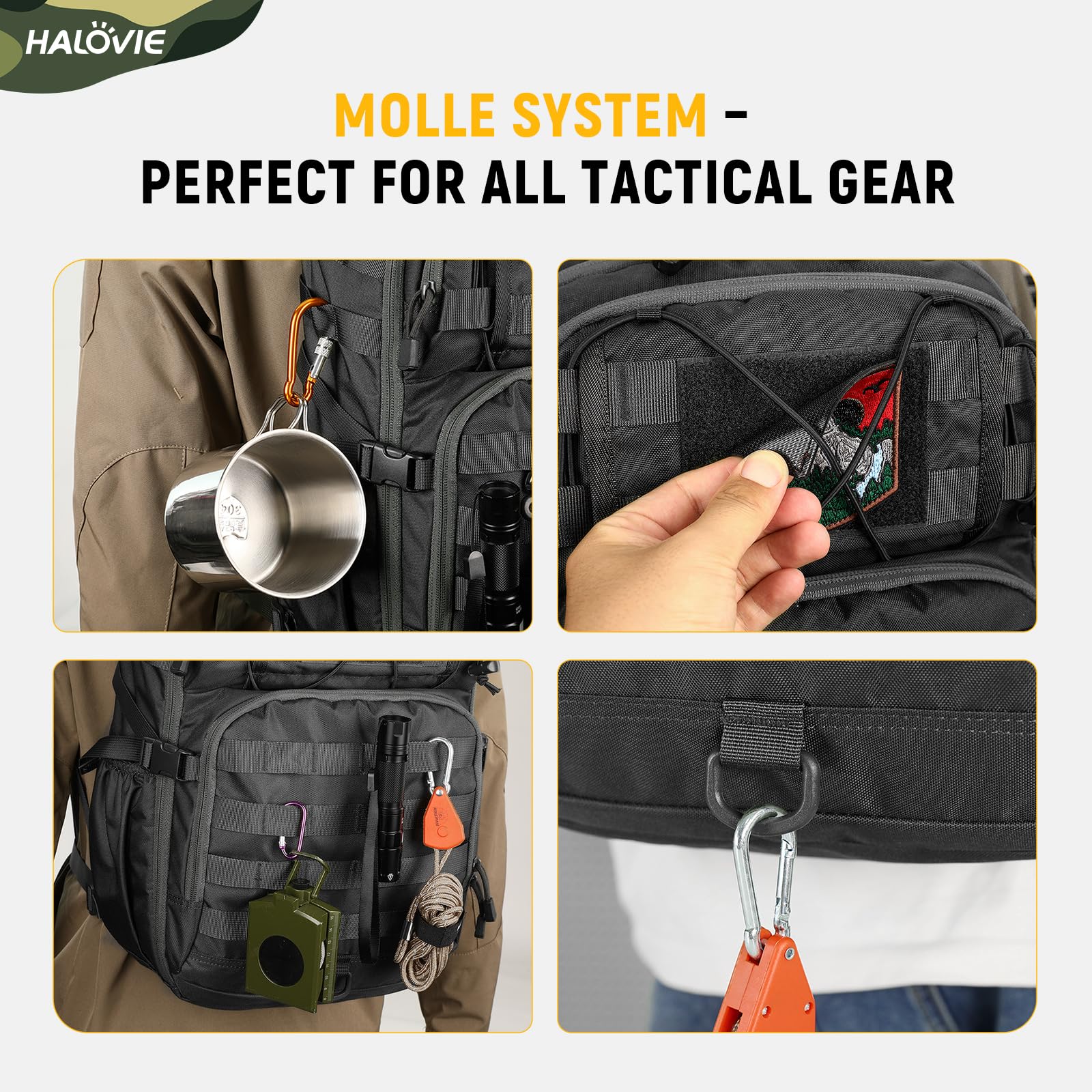 HALOVIE Zaino Militare Tattico 30L, Zainetto da Trekking Ultra Leggero Zaino Molle Backpack per Viaggio Escursioni Crossfit Campeggio
