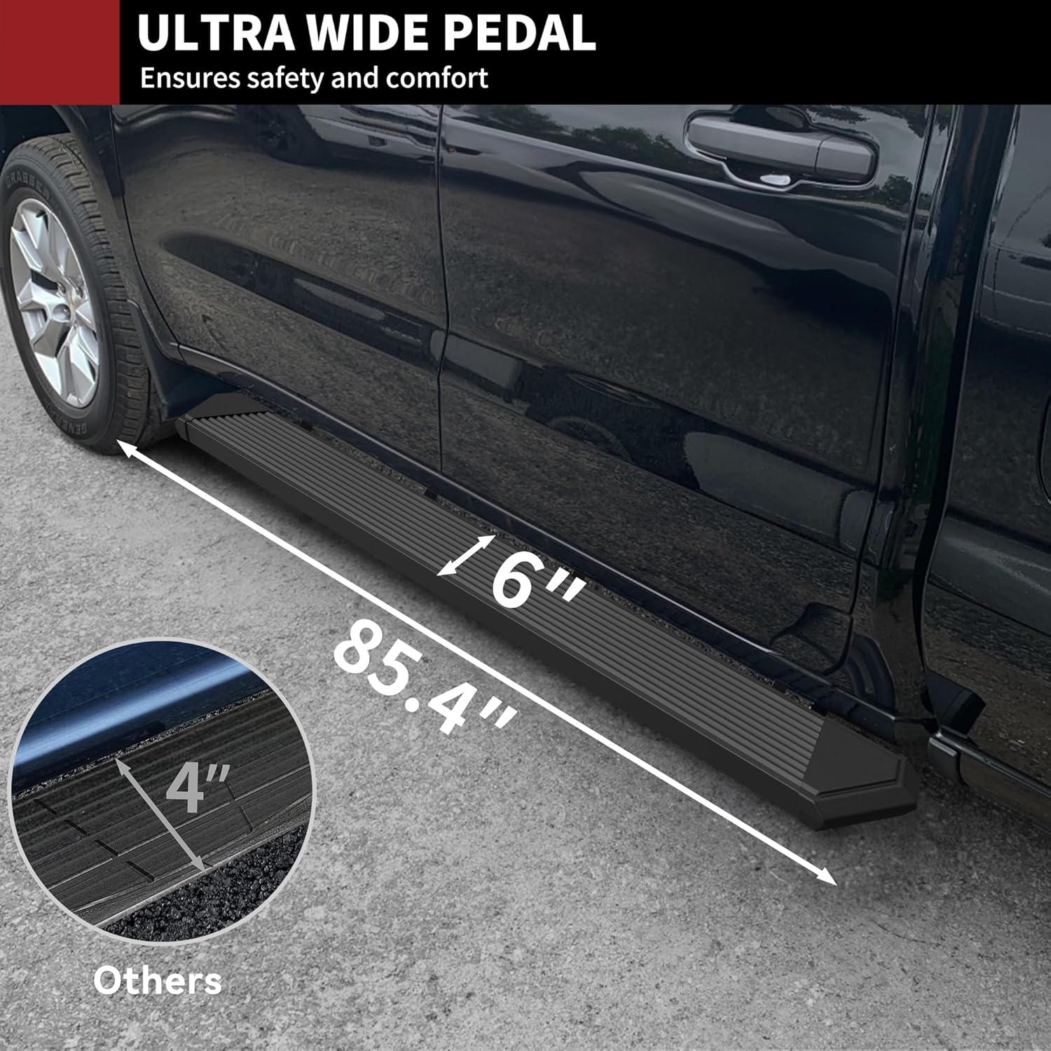 Image showing the ultra-wide pedal surface of the running board, with dimensions indicating a 6-inch width and 85.4-inch length.