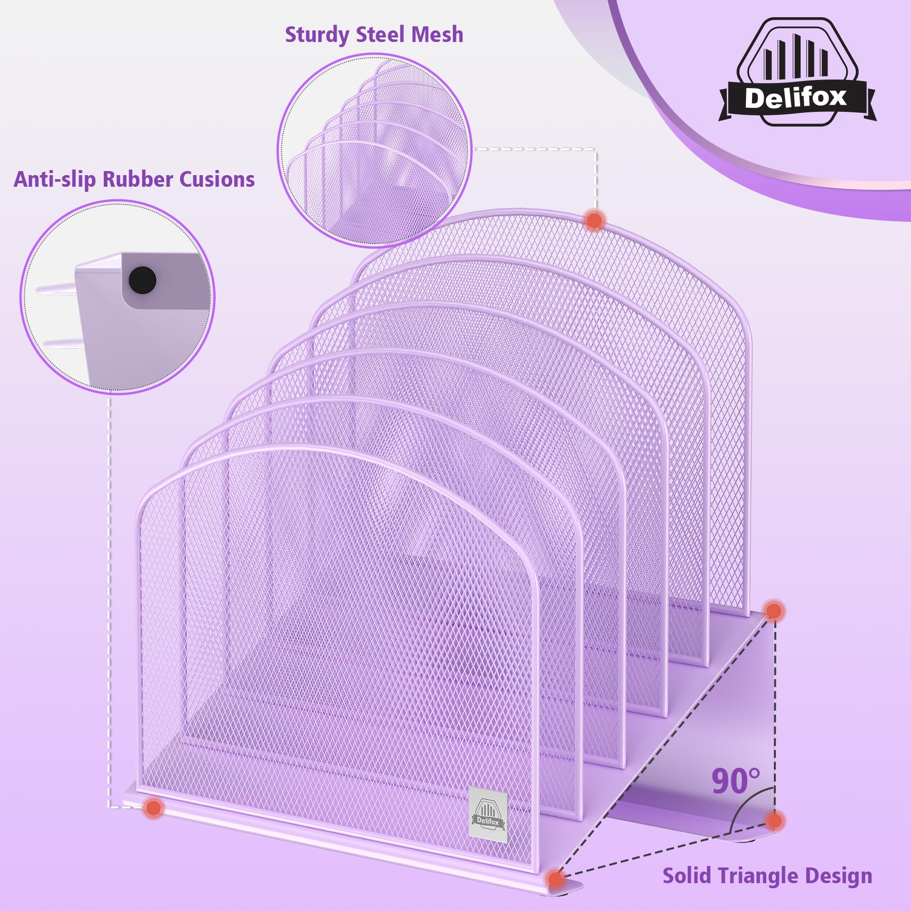 Delifox Organizer da scrivania inclinato, supporto verticale a 5 sezioni, in metallo, per ufficio, classe, organizzazione desktop (viola, 2 pezzi)