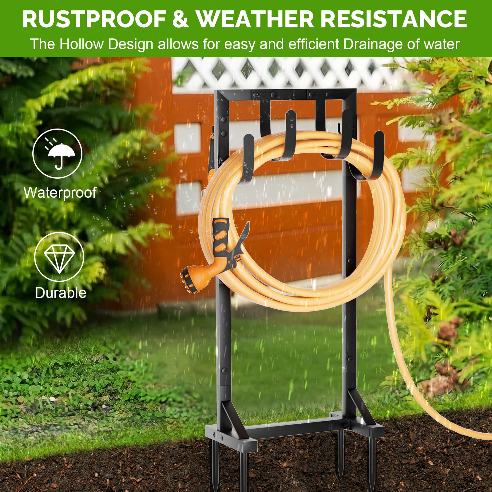 Soporte de manguera de jardín resistente con base estable y ganchos para herramientas, colgador de manguera de metal independiente para manguera de jardín con capacidad para manguera de 151