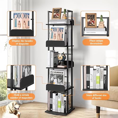 Vista 5 de Estantería giratoria Bikoney, estantería de 5 niveles para esquina, estantería pequeña y estrecha, estantería alta industrial, de madera y metal