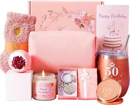 50th Birthday Gifts For Women, Happy 50yr Bdy Birth-day Hamper Basket For Her, Turning 50 Year Old Female Birthday Gifts,Pamper Box For Ladies, Personalised BD Presents For Mum Friends Sister Wife