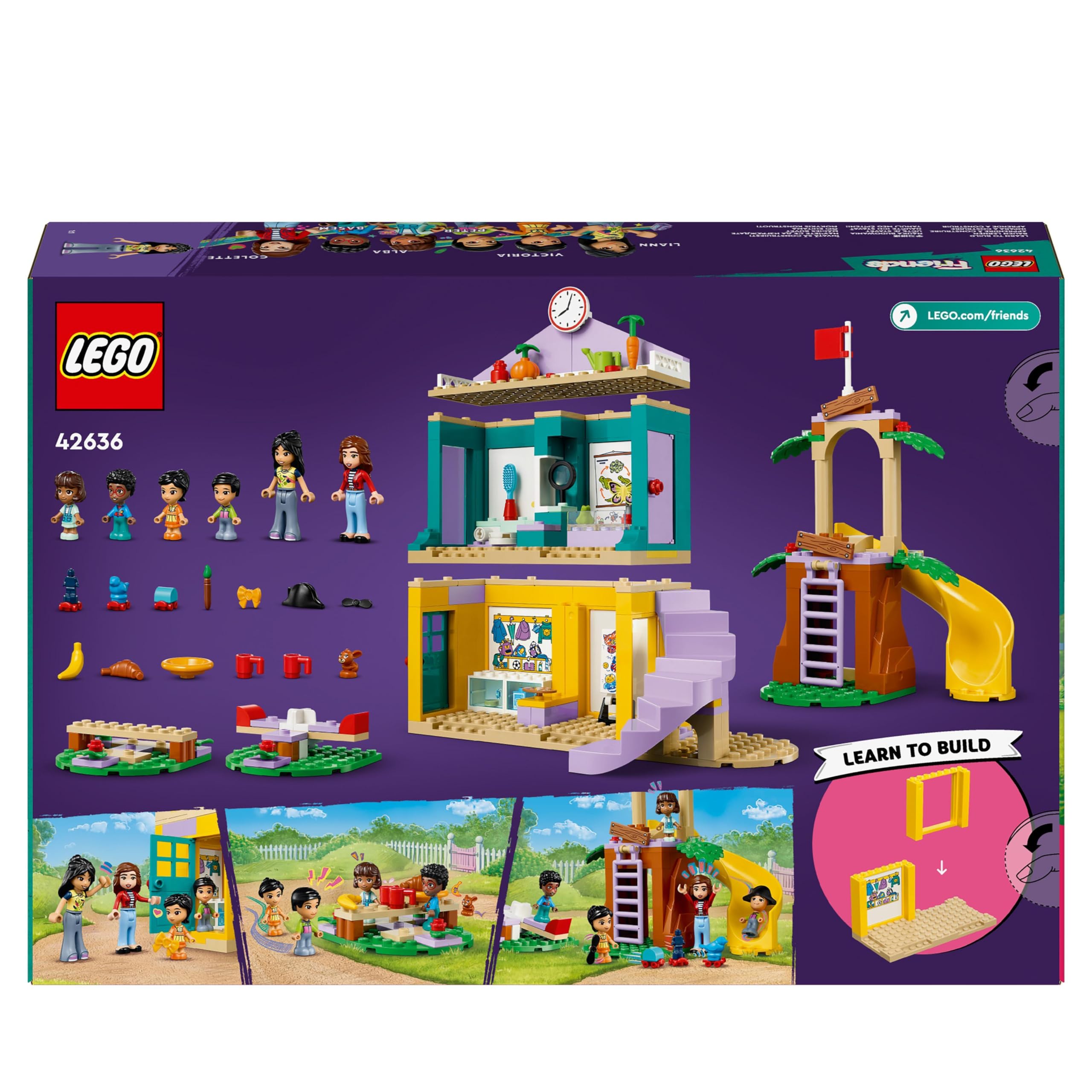 LEGO Friends Heartlake City Kindergarten, Spielset für Mädchen und Jungen ab 4 Jahren, kreative Rollenspiele mit 2 Spielfiguren und 4 Mikro-Spielfiguren, Spielzeug für soziale Entwicklung 42636