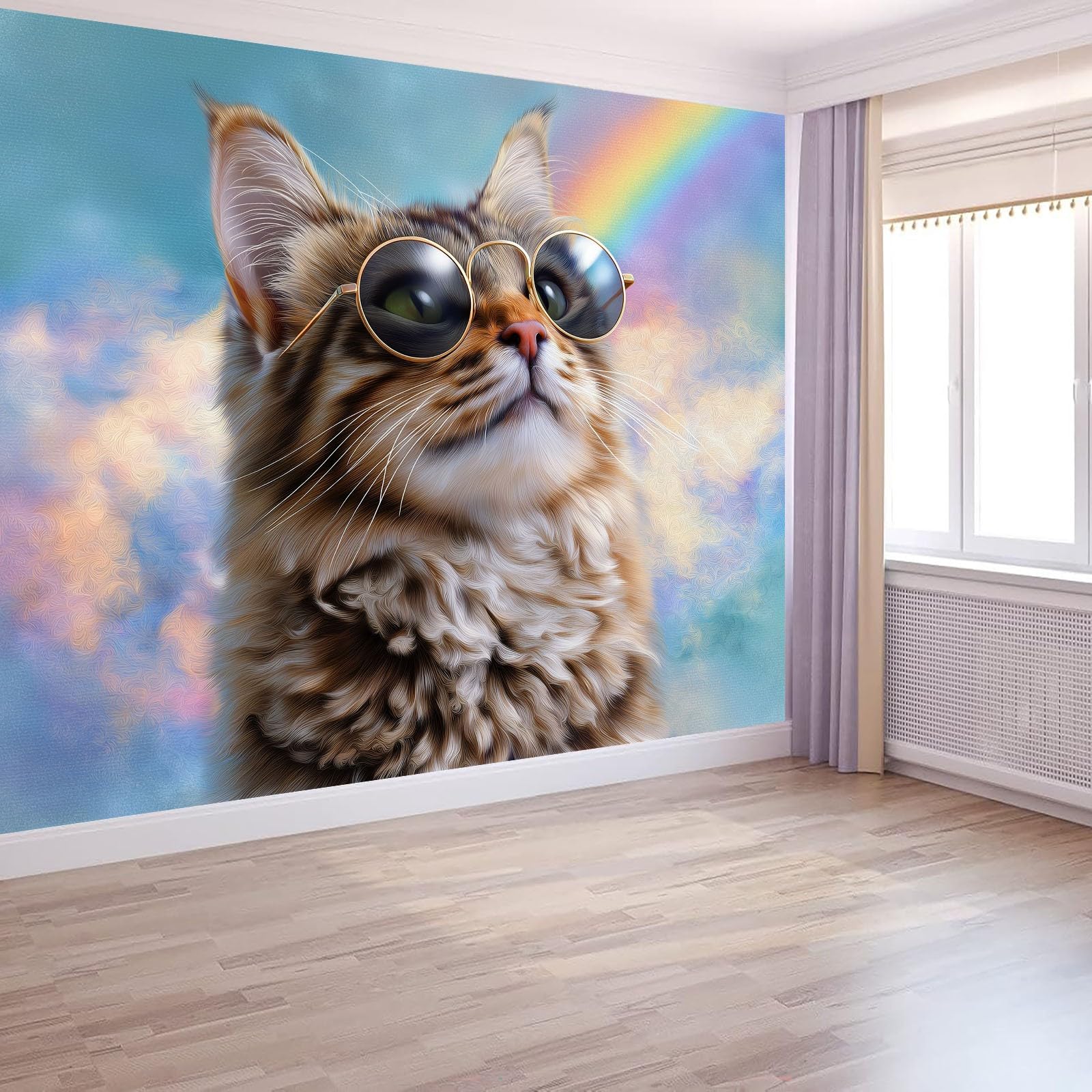 Generico Panoramiczna tapeta XXL tęczowy kot okulary kreskówka zwierzęta dekoracyjne dekoracyjne niebieskie niebo plakat ścienny do pokoju dziecięcego, sypialni i salonu 250 x 175 cm