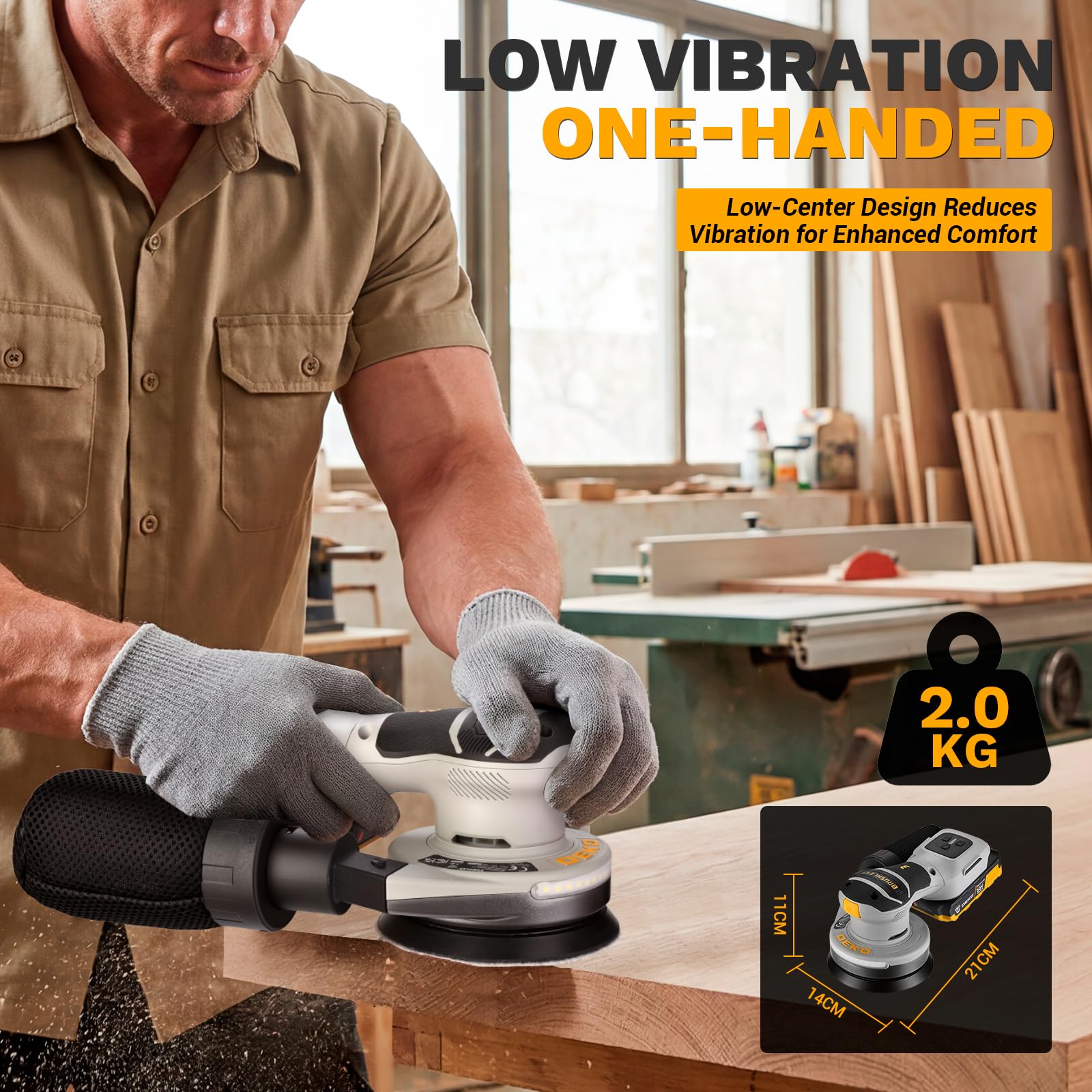 DEKOPRO Lijadora Orbital Inalámbrica sin Escobillas 20V, 12.000 rpm, Incluye 16 piezas de lija 125 mm, con luz de Trabajo LED (Batería de 2,0 Ah incluida), Apta para lijado y carpintería