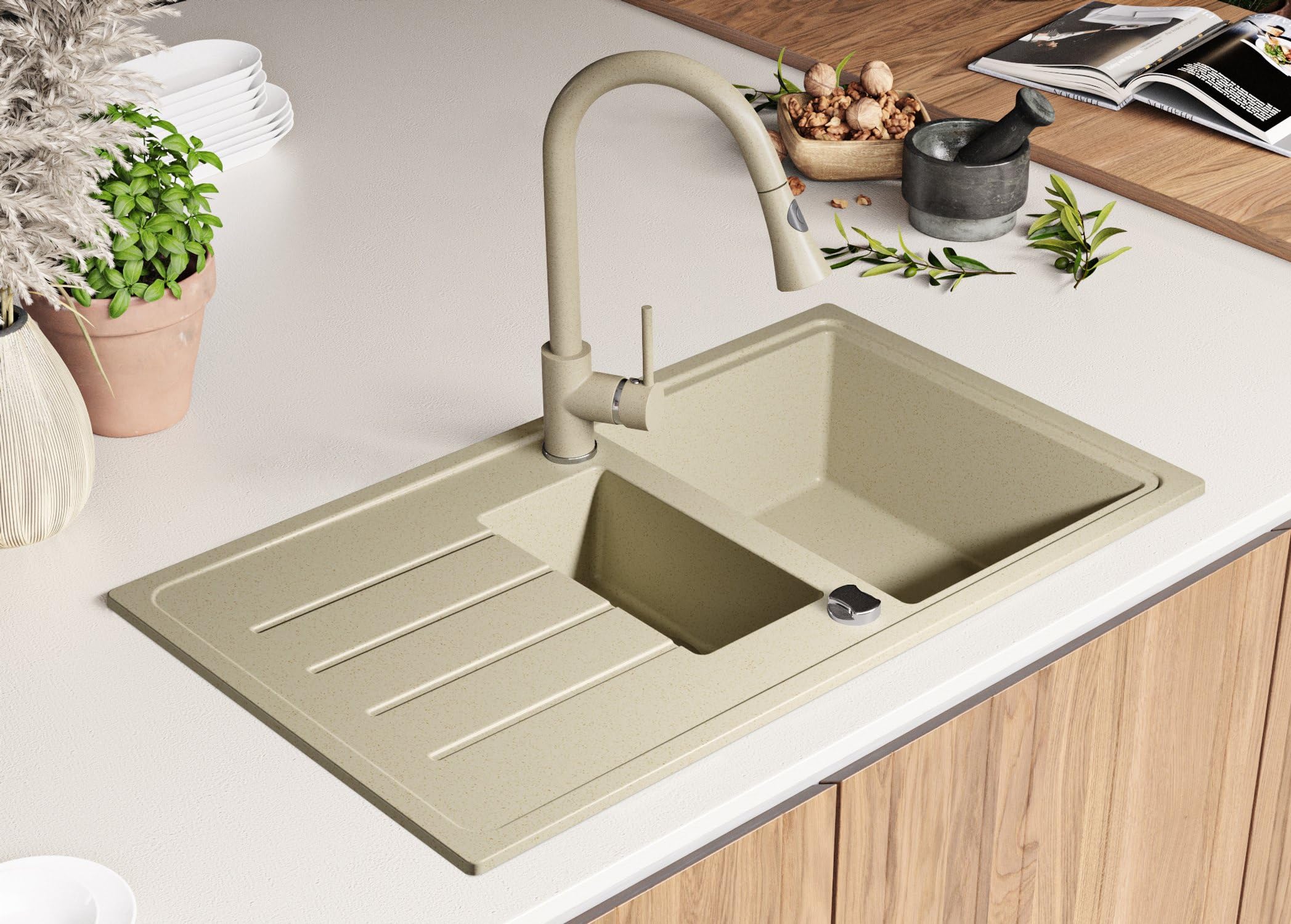 PRIMAGRAN Evier Cuisine en Granit Tout Beige - Copenhague Duo, 90x50cm | Lavabo 1,5 bacs + Kit de Vidage, Évier à Encastrer au Meuble 60cm (S010)