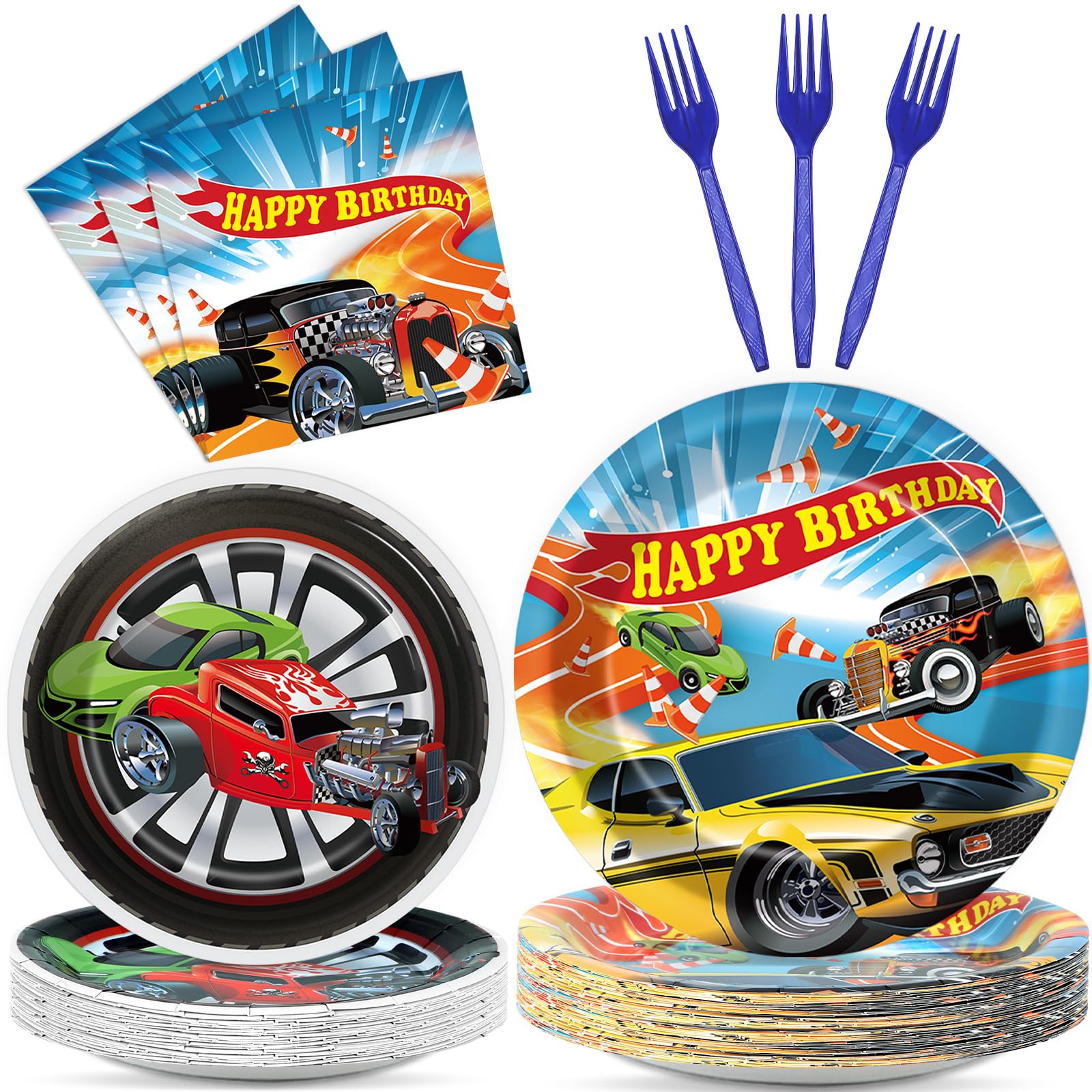200Pcs Racing Car Birthday Party Decorations Hot Car Tableware Dinnerware Set - Disposable Paper Dessert Cake Plates Napkins for Kids Boys Themed