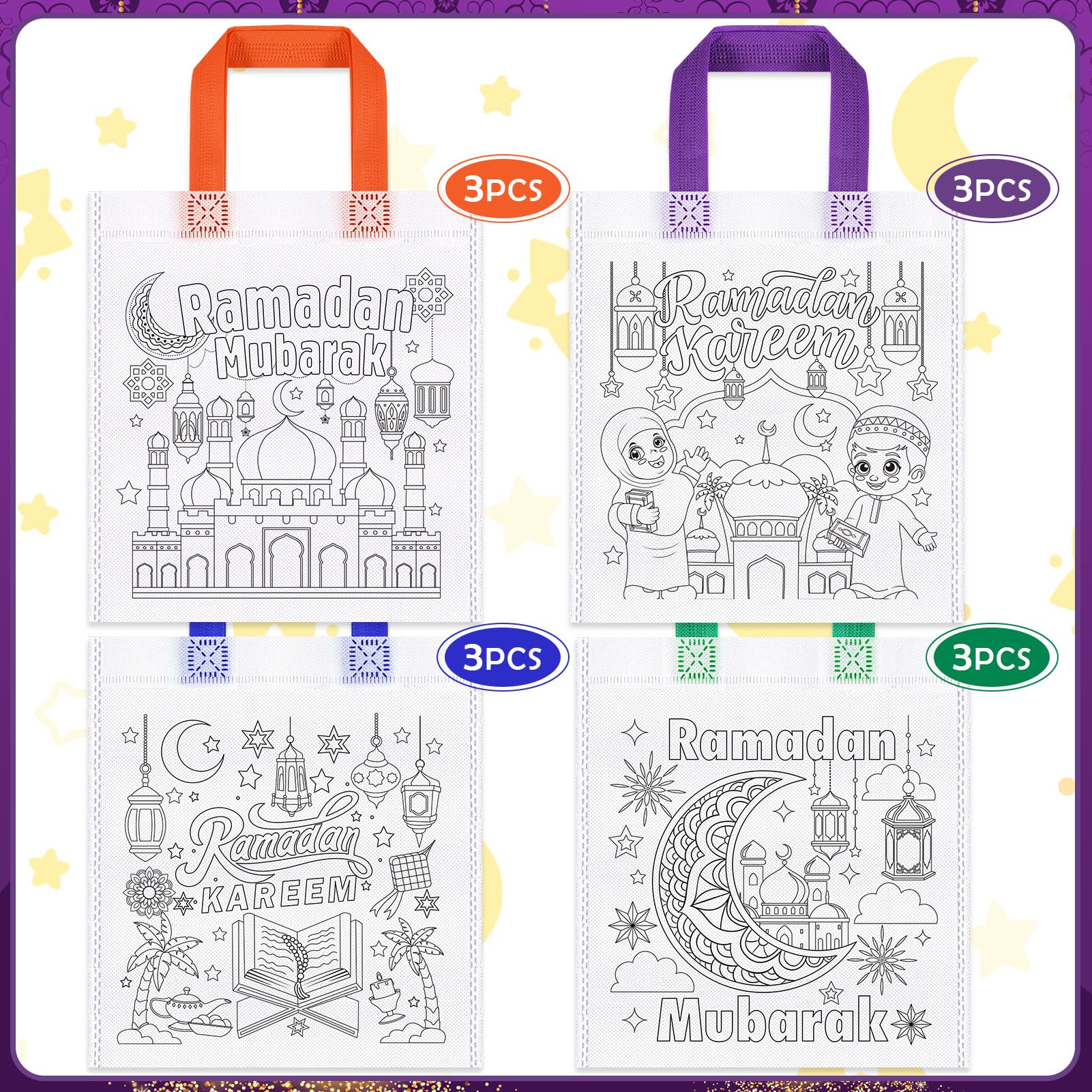 HOWAF 12 Colour Your Own Ramadan Bags, DIY Graffiti Ramadan Gift Bags, Non-Woven Ramadan Mubarak Gift Bags - Image 3