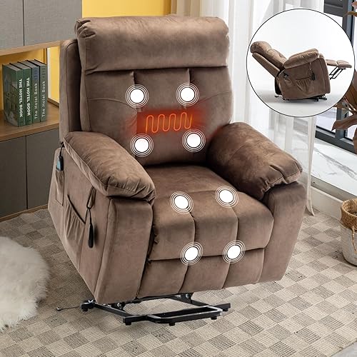 Power Lift Recliner Chair for Adults with 8 Points Massage & Heat Oversized Boy Lazy Electric Recliner Chairs for Elderly,2 Cup Holders 2 Side Pockets Dual Motors,Lay Flat 160°,Dark Brown