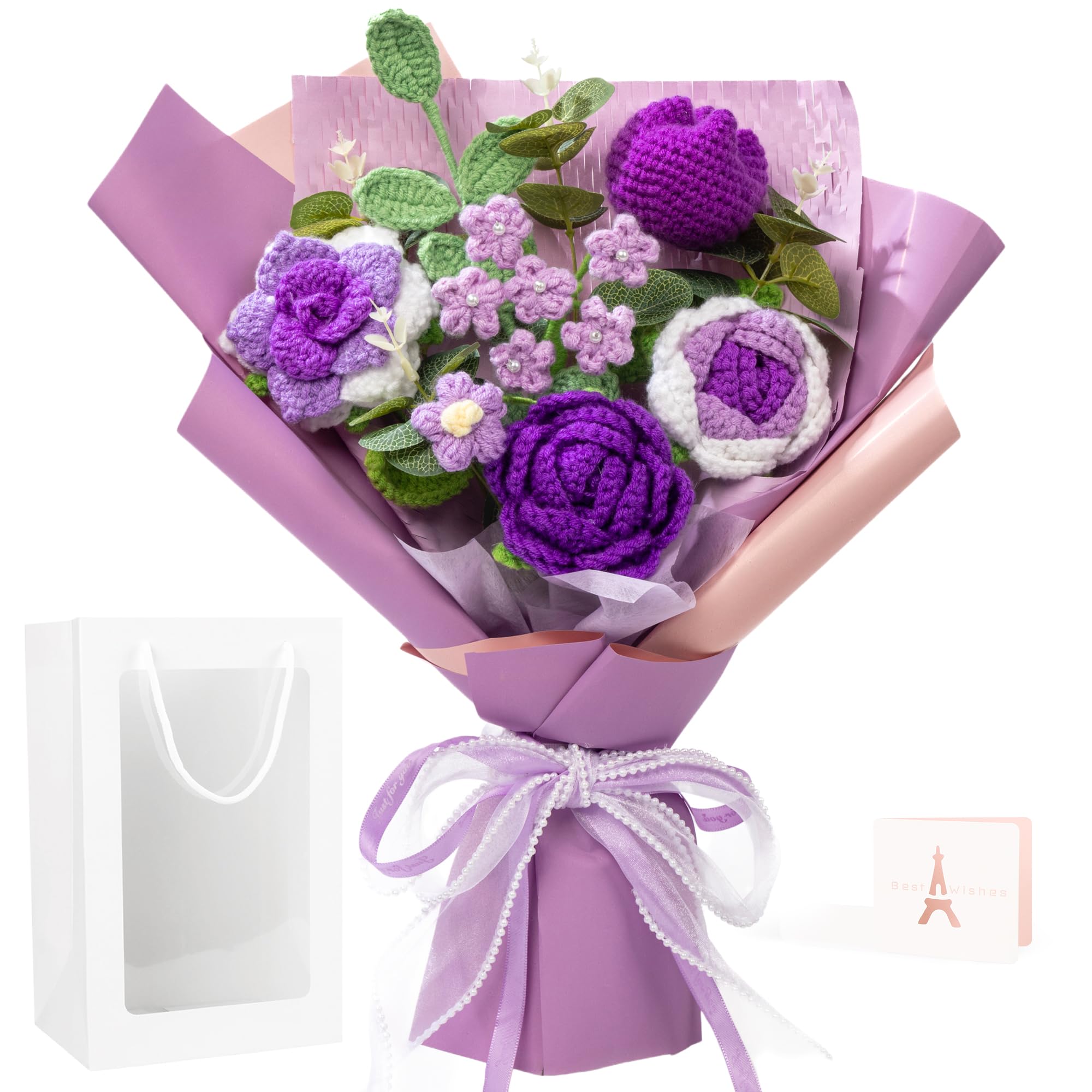Crochet Flower Bouquet Purple Crochet Flowers, Ovis ammon Graduation Bouquet for Friends, Handmade Knitted Flowers for Birthdays,Weddings Teacher's Day Include Gift Box Bag (with Card)