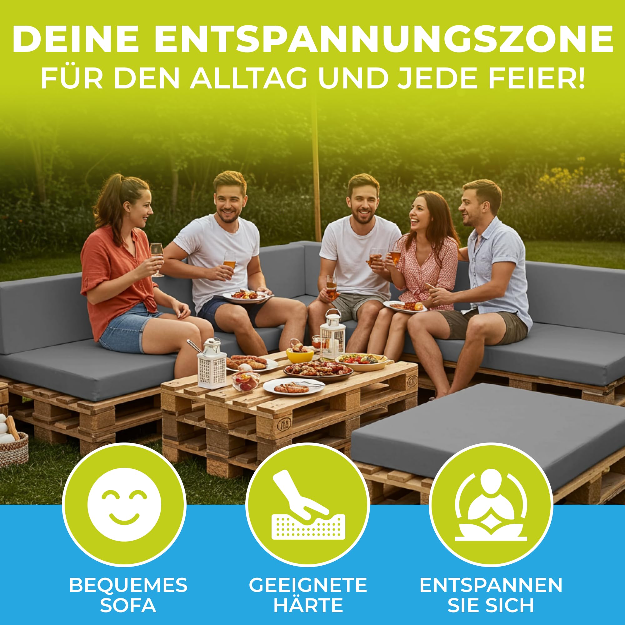Palettenkissen 2-teiliges Set | Palettenauflage für Palettensofa | Rückenkissen & Sitzkissen für Europaletten | Palettenmöbel für Indoor & Outdoor mit UV-beständig | Made in EU | Graphit