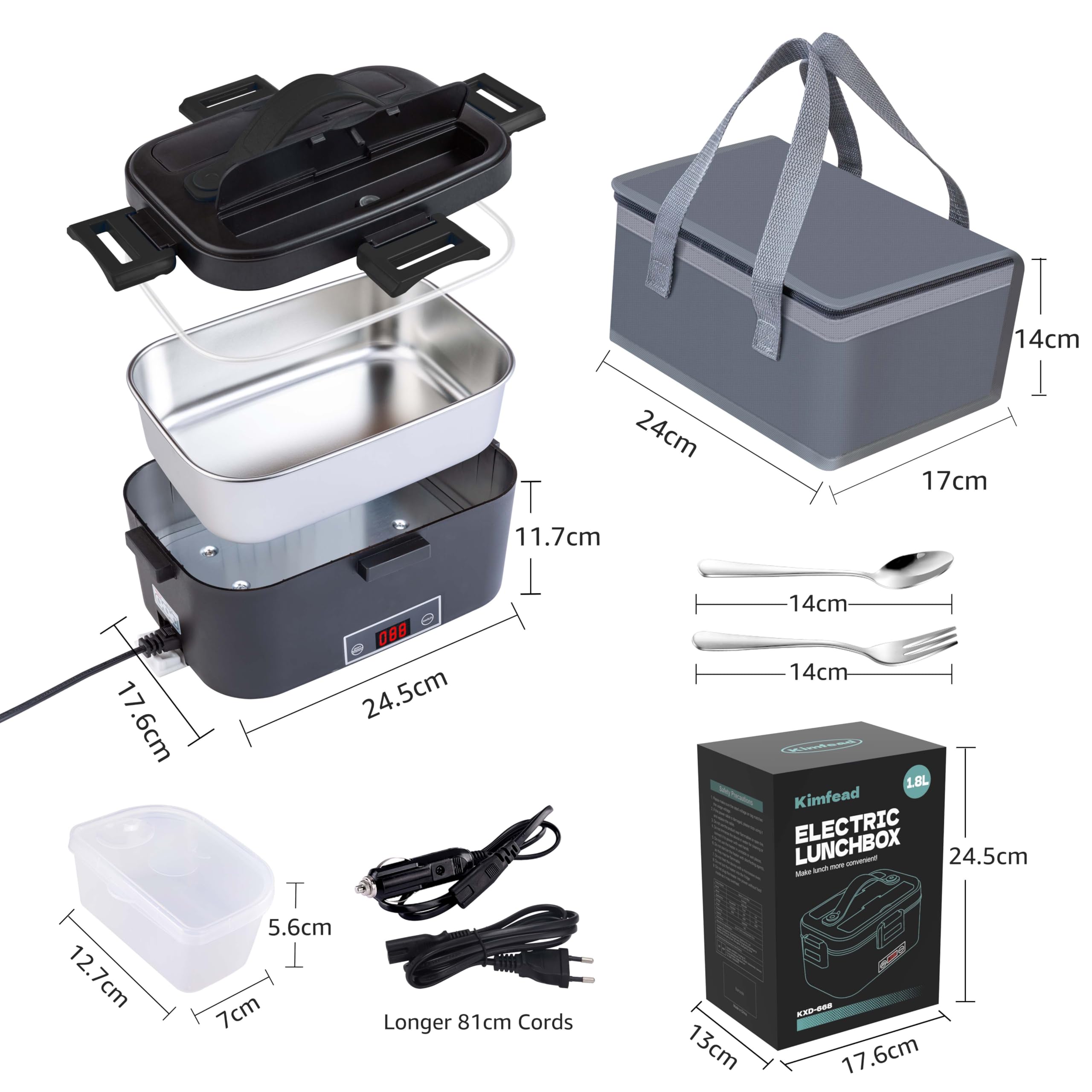 Kimfead Scaldavivande Elettrico Portatile con Display Temperatura Porta Pranzo Riscaldabile 80W Lunch Box Elettrico 1.8l Acciaio Inox Rimovibile 12v/24v/230v per Auto/Camion/Uffici con Borsa(Nero)