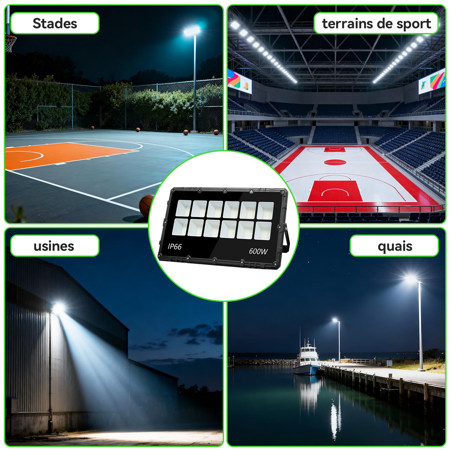 Loyal Foco LED Exterior 600W, Proyector Ultra-luminoso 6000K Blanco Frío 6000 LM - IP66 impermeable, ajustable con soporte para jardín, garaje