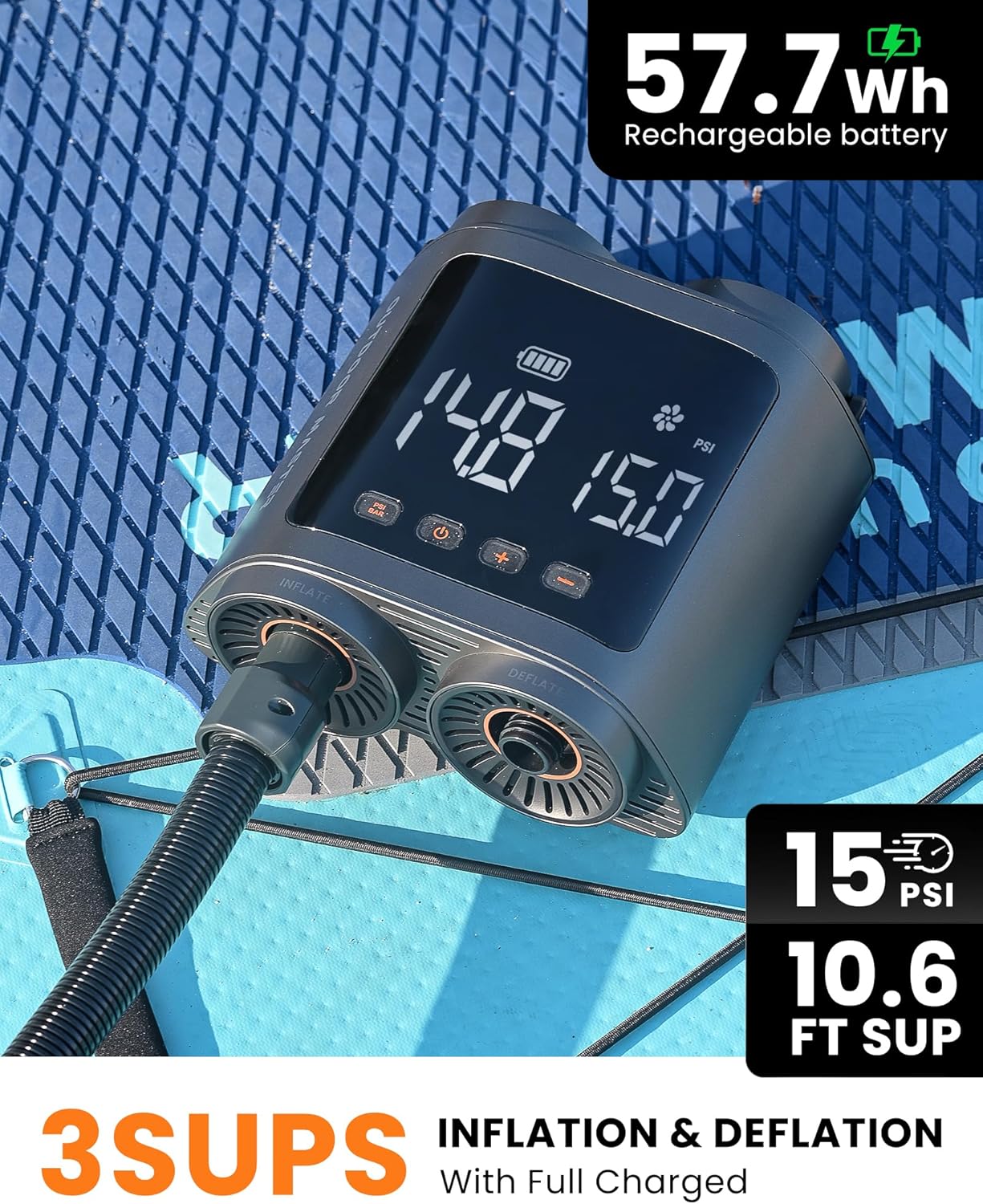 OutdoorMaster Vortex Pro 57.7Wh Rechargeable Paddle Board Pump Portable, Electric SUP Pump Battery for 3 SUPs Inflation & Deflation, Max 20PSI 12V/15.8V DC & Type-C Input, 8 Nozzles for Inflatables