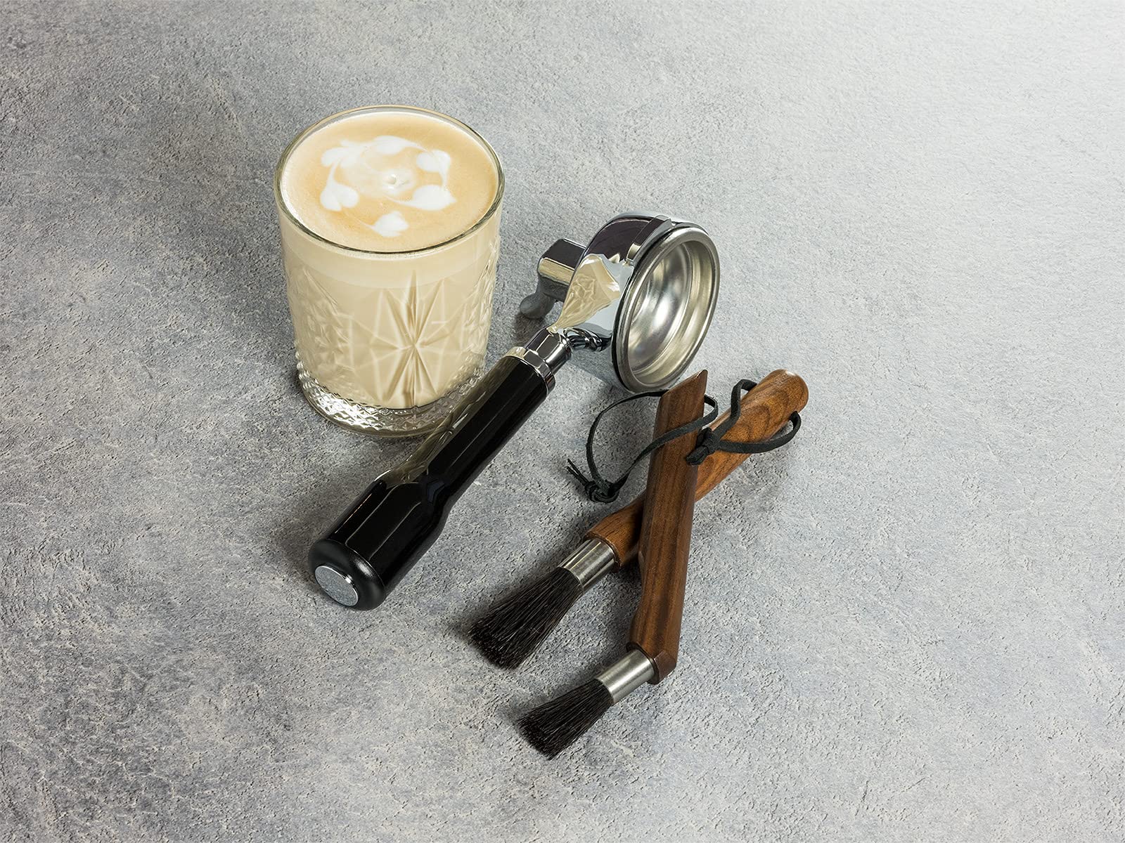 Barista Edition, set di pennelli per da caffè e macina, set di spazzole - Pennello curvo: 13,5 cm di lunghezza, pennello dritto: 12,5 cm di lunghezza, con setole in nylon, manico in noce
