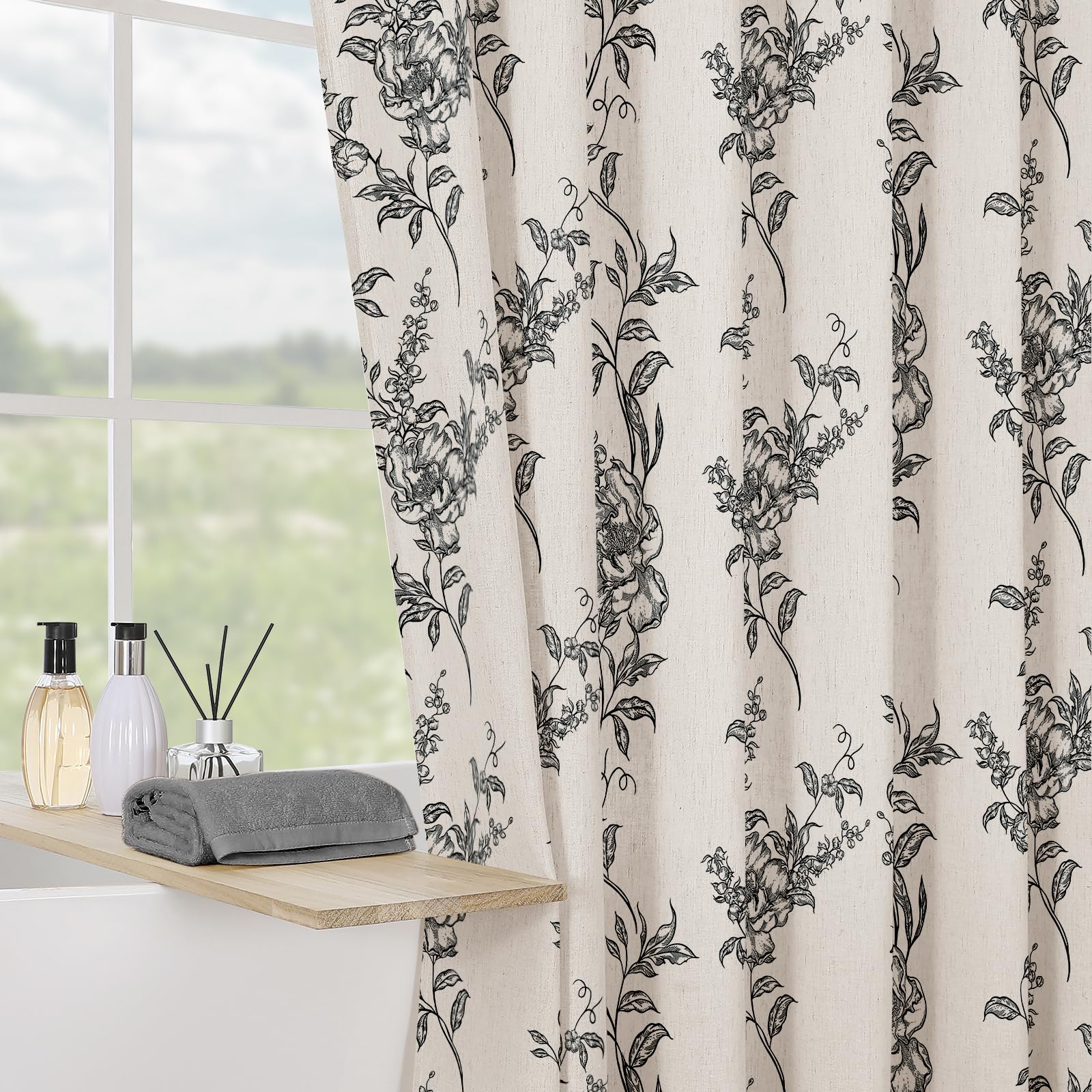 Craidlela Black Linen Farmhouse Shower Curtain, Vintage Boho Floral Bathroom 72x84