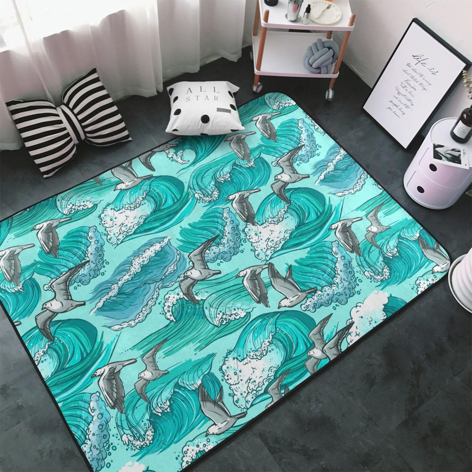 Onde Schizzo Gabbiano Uccelli, Tappeto grande antiscivolo per soggiorno e camera da letto, 150 x 100 cm.