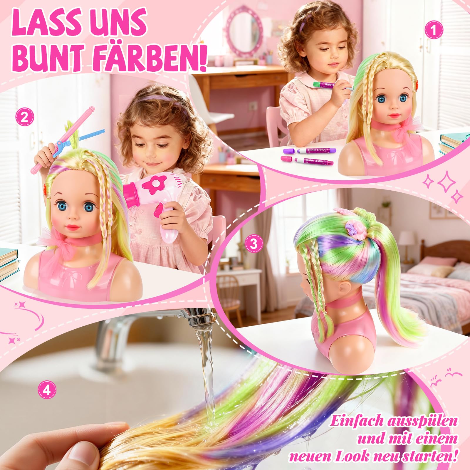 Frisierkopf Kinder Set, Frisierkopfpuppe Spielzeug Set für Kinder mit Haarzubehör, Frisierkopf für Mädchen Waschbar Set Geschenk Weihnachten für Mädchen 3-10 Jahren