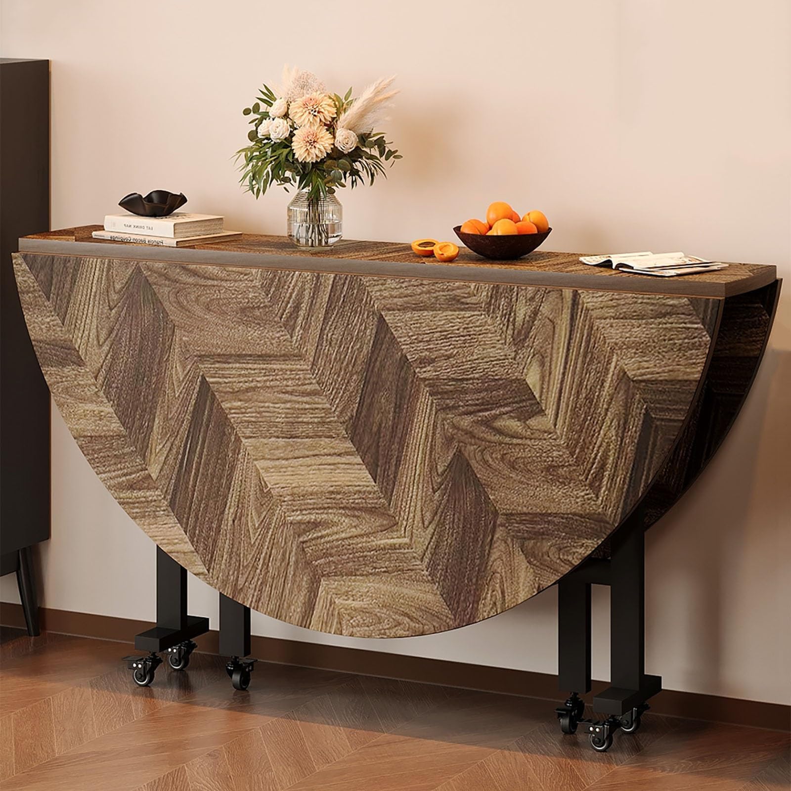 Modern Round Extendable Dining Table Portable Folding Drop Leaf Kitchen Table Space-Saving Mobile 6-Wheel Design for Versatile Dining & Small Spaces