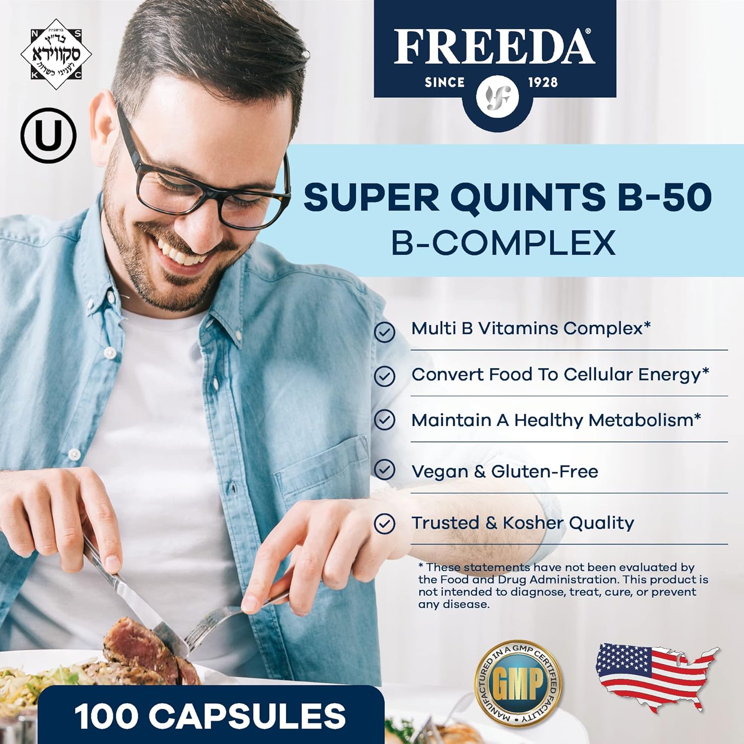 FREEDA B-Complex Capsules – Super Quints B-50 – B2 B3 (Niacinamide) B6 B12 + Biotin + Folic Acid + Choline & Inositol – Vegan – 250 Capsules