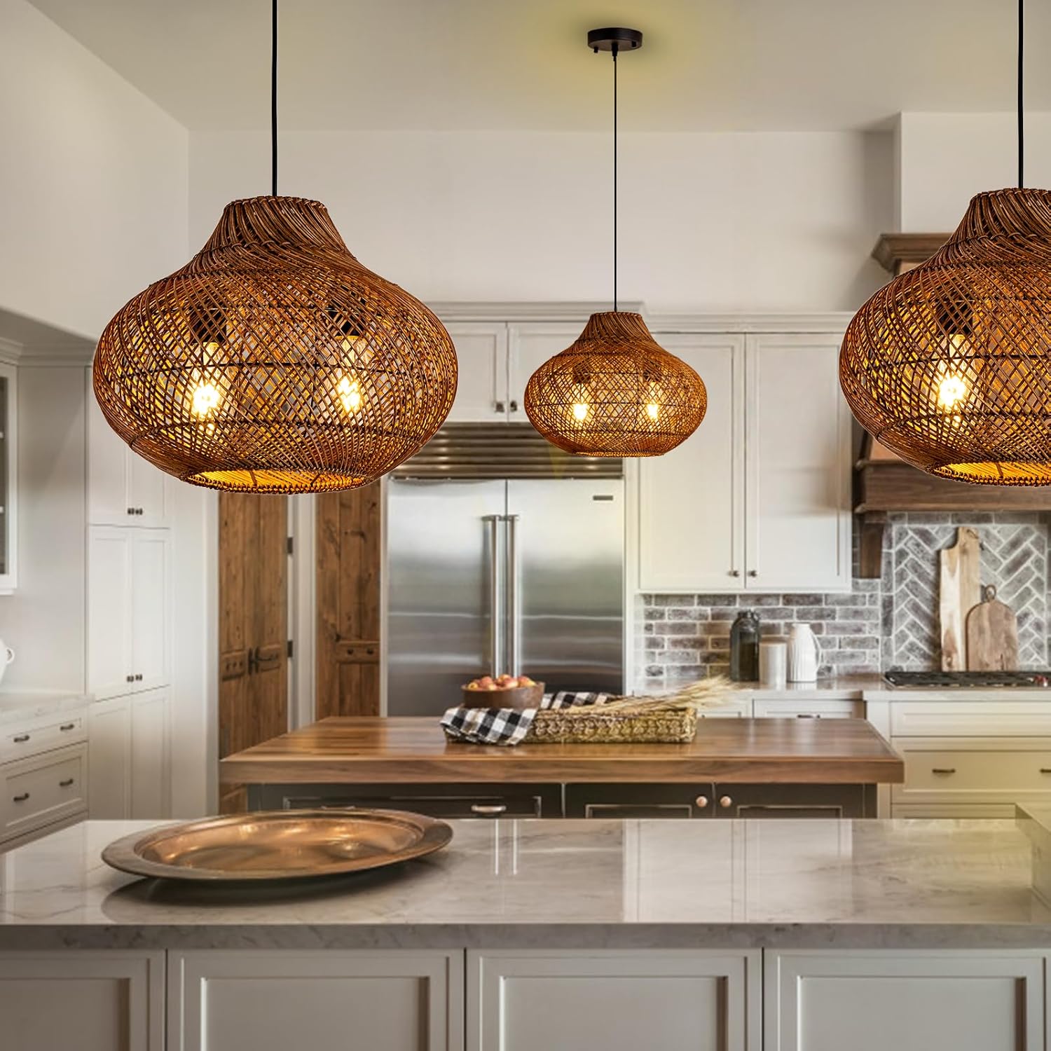 15in Rattan Light Fixture, 2-Light Wicker Woven Chandelier Rustic Pendant Lights Rattan Hanging Lamp for Kitchen Island Dining Room Yard Restaurant Garden Design