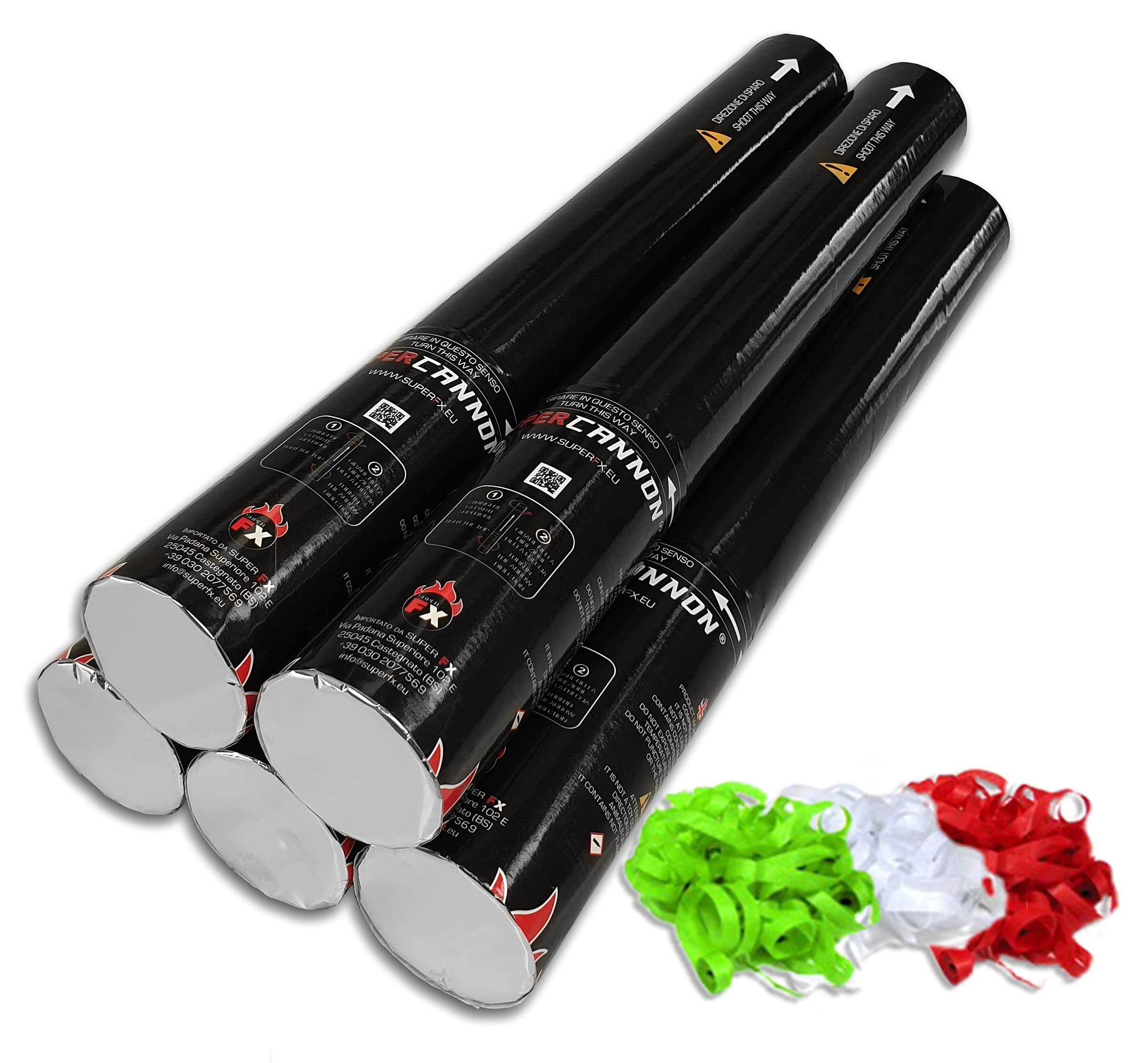 Super Cannon Manuale 40 cm - Tubo spara Stelle filanti in Carta (Box 5 Pezzi, Tricolore Italia)