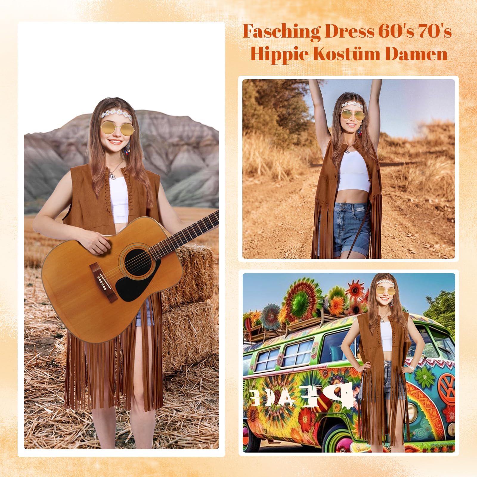 60er 70er Hippie Kostüm Damen Set mit Hippie-Fransenweste und Accessoires,Hippie Kleidung,70er jahre outfit damen, karnevalskostüm Faschingskostüme