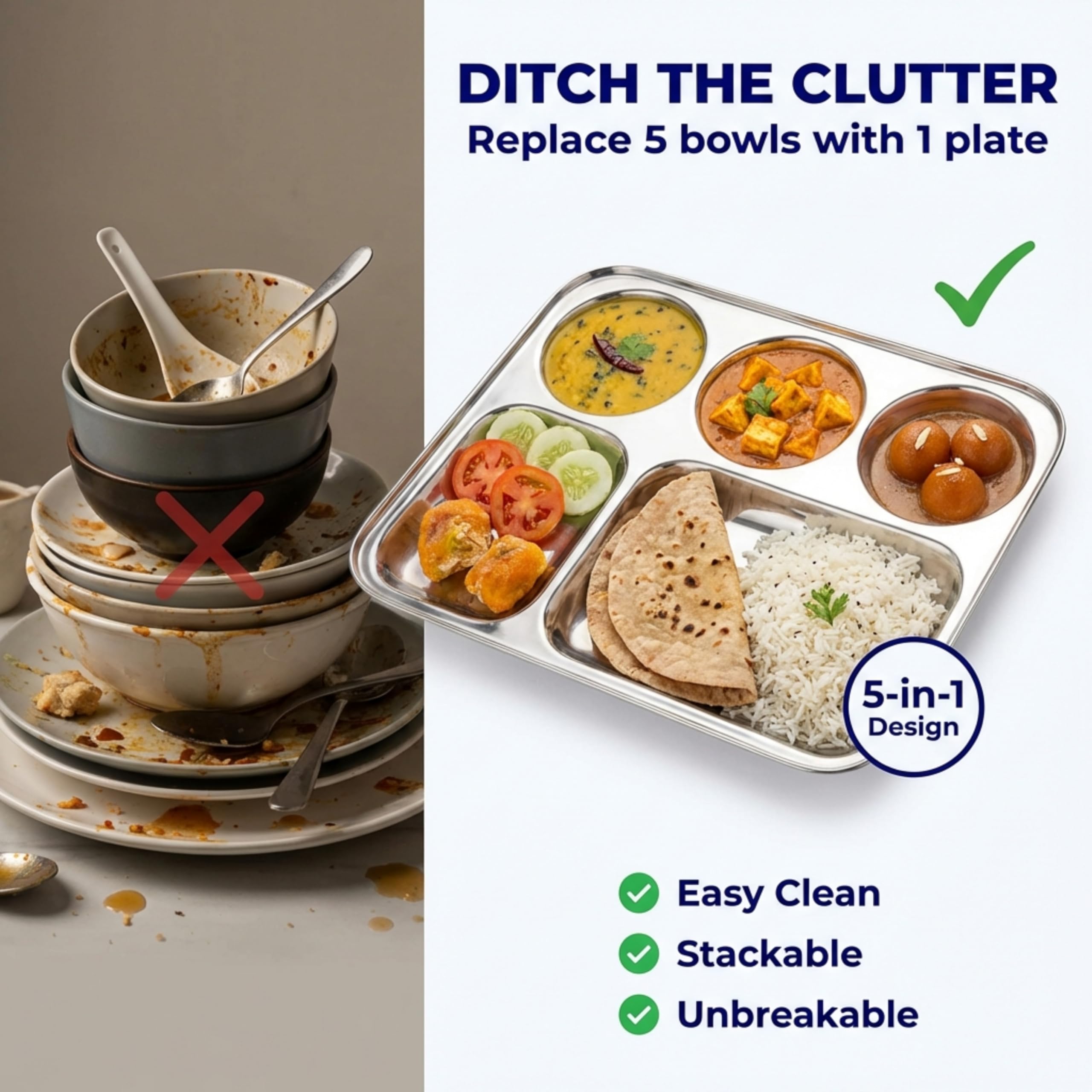Sharda Metals Stainless Steel Rectangular Compartment Thali Plates | 5 in 1 Divided Partition Bhojan Mess Tray | Durable Lunch and Dinner Serving Plates for Indian Kitchen | 13 x 10 Inches - Set of 6 1