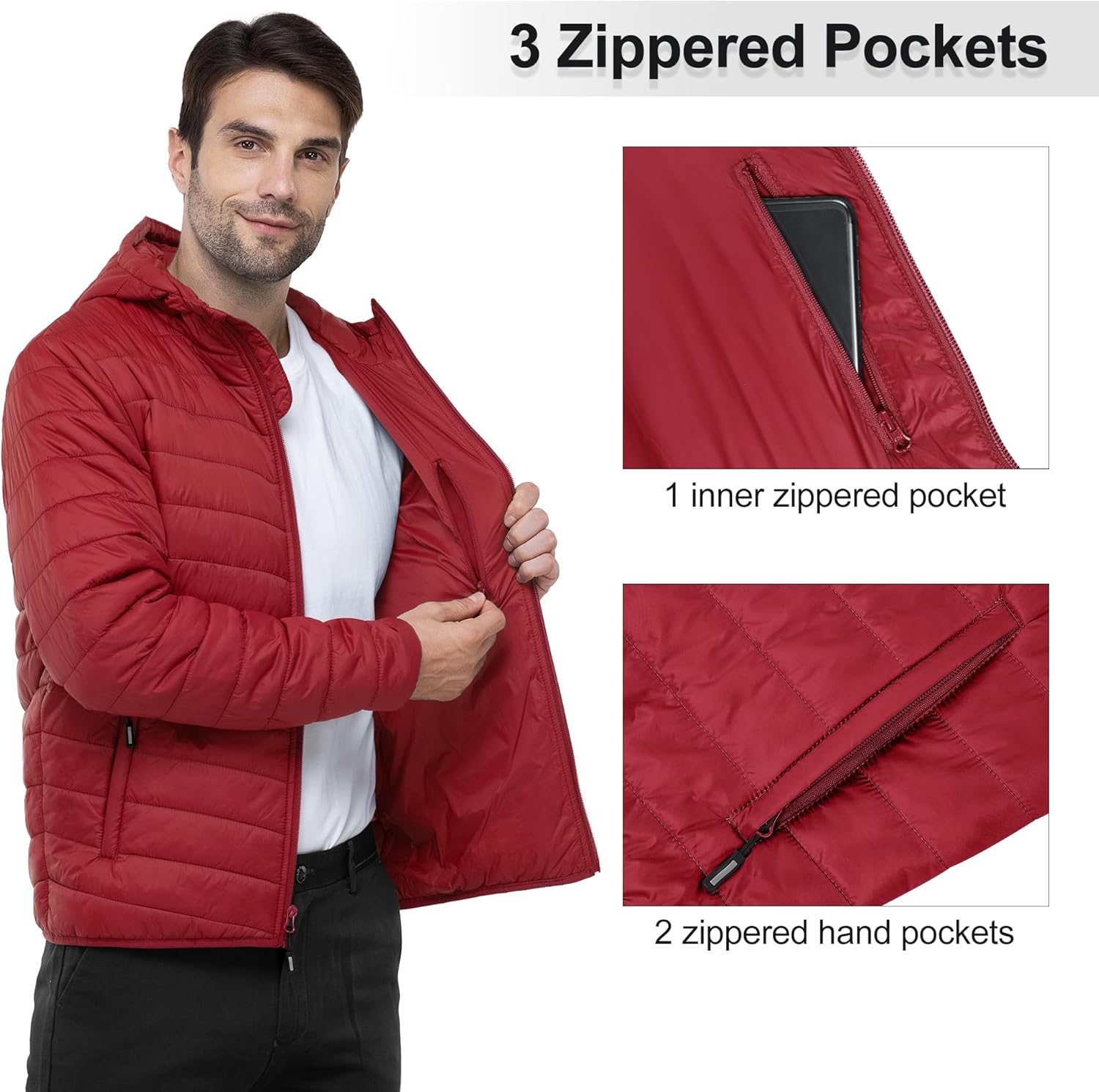 Outdoor Ventures Men's Lightweight Packable Hooded Puffer Jacket Insulated Winter Coat for Snow Ski Traveling - Image 3