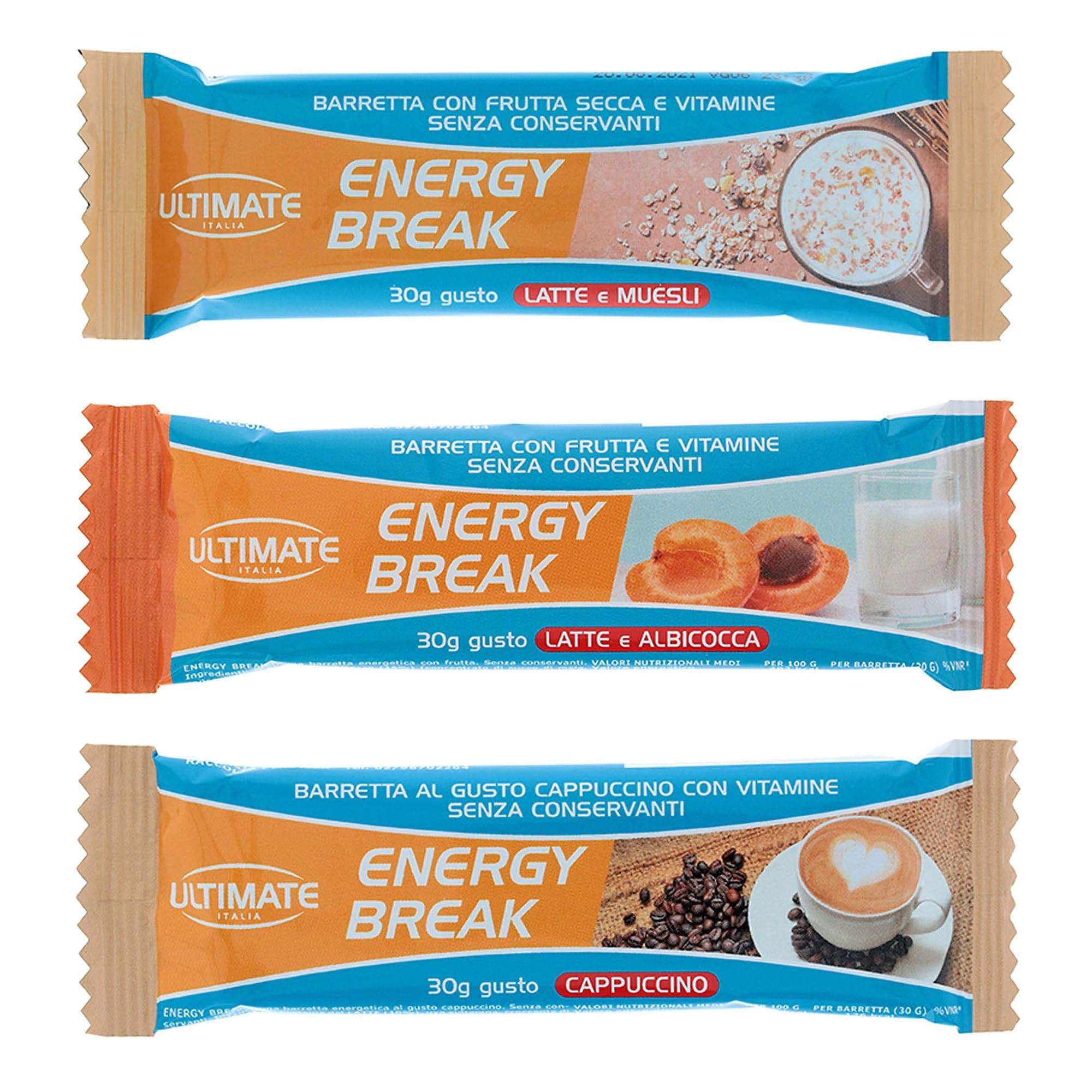 Ultimate-Italia | Energy Break | Box da 30 barrette energetiche da 30gr assortite nei gusti Cappuccino, Latte e Albicocca, Latte e Muesli