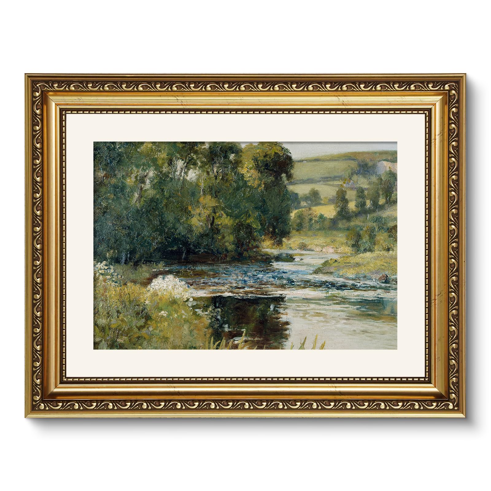arpeotcy vintage gold framed wall art, nature streamside retro paintings, canvas prints artwork with antique frame, victorian wall pictures decor for living room gallery room 11x14 inch