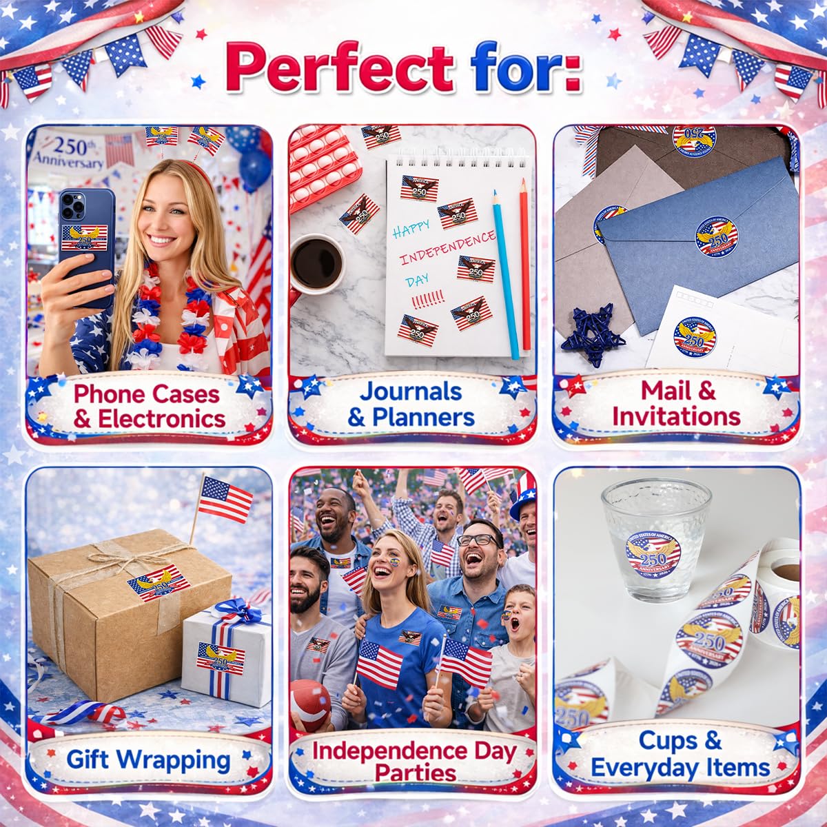 500 PCS 1.89" Patriotic 250th Independence Anniversary Stickers Roll Round American Flag Waterproof Decals Strong Adhesive Labels for Water Bottles Laptops 4th of July Party Decorations - 5