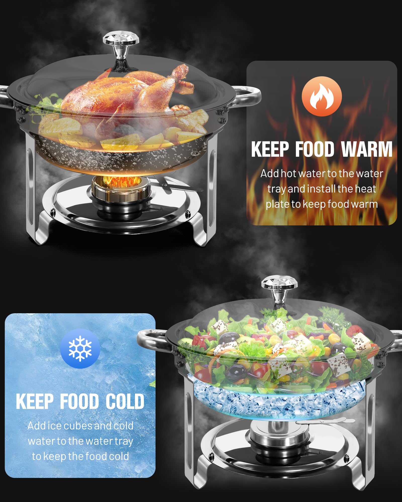 Speisenwärmer 6L Warmhaltebehälter Essen Edelstahl, Chafing Dish Buffet | 2PCS Runder warmhalteplatte grillgut für Partys Geburtstage Feiertage Kirchenveranstaltungen, Silber