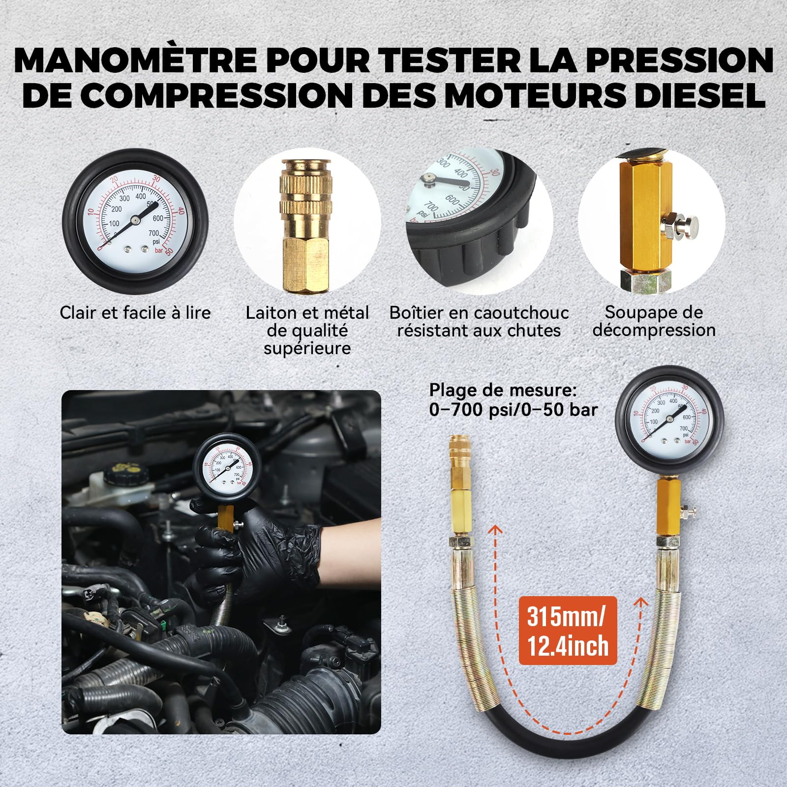 46PCS Testeur de Compression Professionnels pour Véhicules Automobiles Testeur de Perte de Pression des Moteurs Compatible Avec Les Moteurs Diesel et Essence