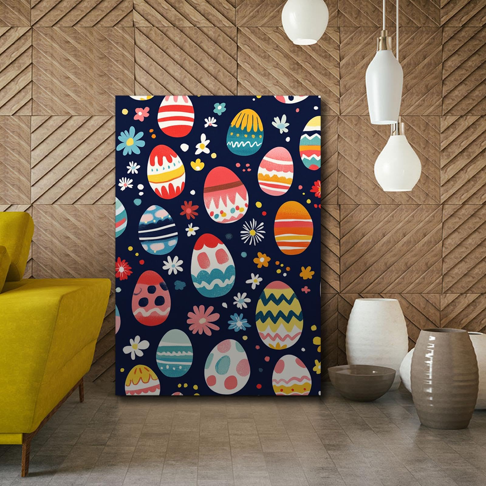 Kreskówka styl anime płótno malarstwo ścienne kolorowe pisanki i dzikie kwiaty plakat malarstwo wzór do salonu dekoracja domu 70 x 100 cm rama wewnętrzna