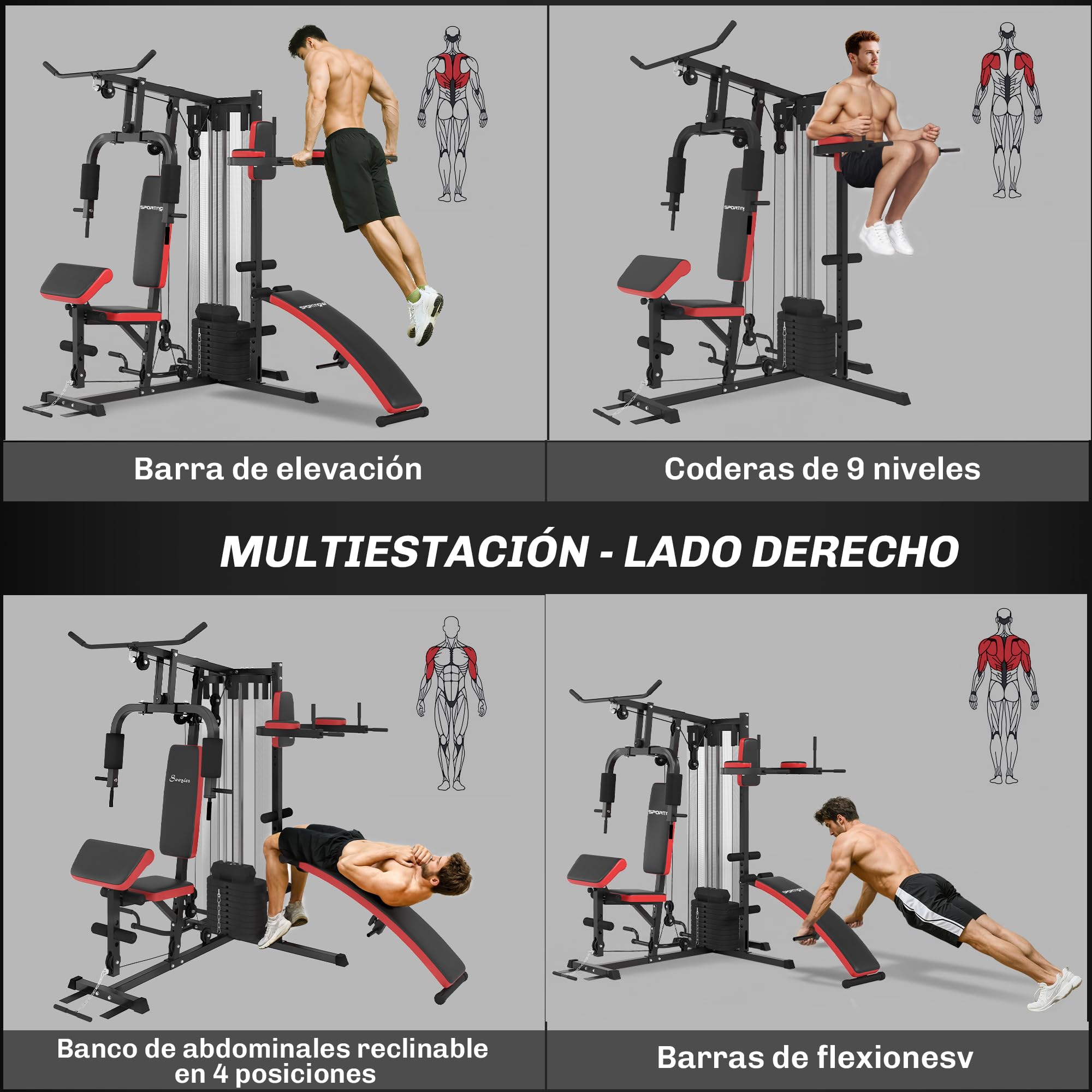 SPORTNOW Máquina Multiestación Musculación para Casa Ajustable Multiestación de Musculación con Placas de Peso 45 kg para Fitness Entrenamiento en Gimnasio Hogar 225x175x200 cm Negro