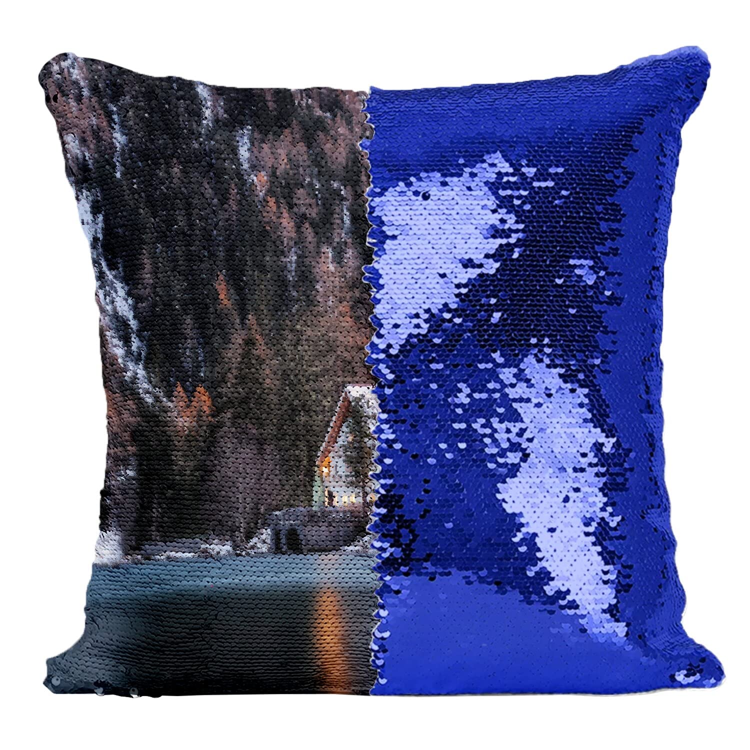 Coussin sequin bleu chalet bois cadeau déco original hivernal