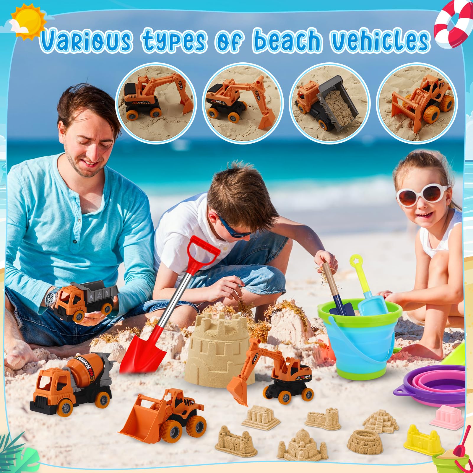 Beach Toys Sandspielzeug, 36 Teile mit 4 Baufahrzeugen, faltbarer Strandeimer, 2 Schlosswürfel, 1 Stück, Sandburg, Schaufelset
