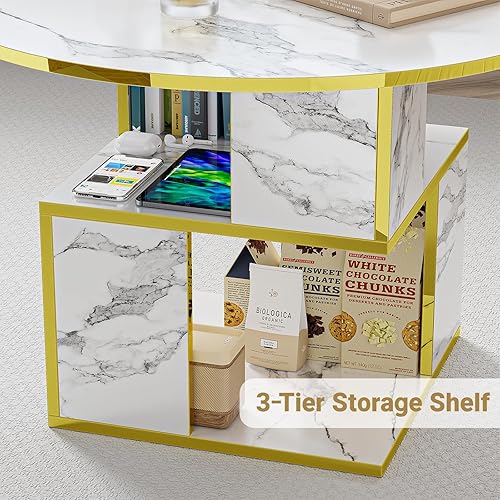 Miniatura 4 de Elephance Mesa de centro redonda con almacenamiento, mesa de centro de 3 niveles para sala de estar, mesa de madera, mármol blanco con marco dorado