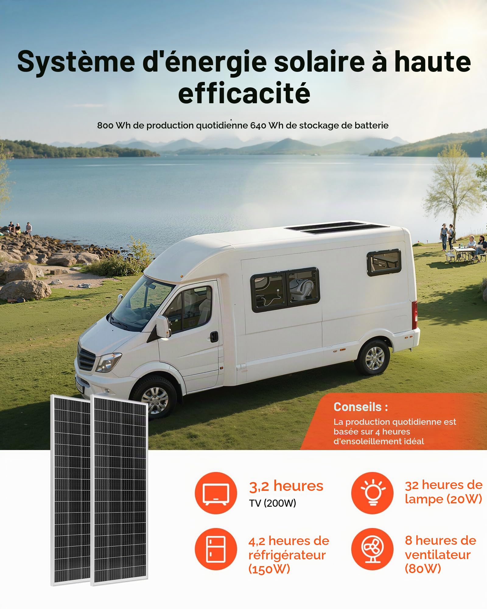 VEVOR Kit Solaire Complet Hors Réseau 200 W 12 V 2 Panneaux Solaires Monocristallins 100 W, Batterie LiFePO₄ 12,8 V 50 Ah, Contrôleur de Charge 40 A, Onduleur 800 W, pour Camping-car, Maison, Bateau