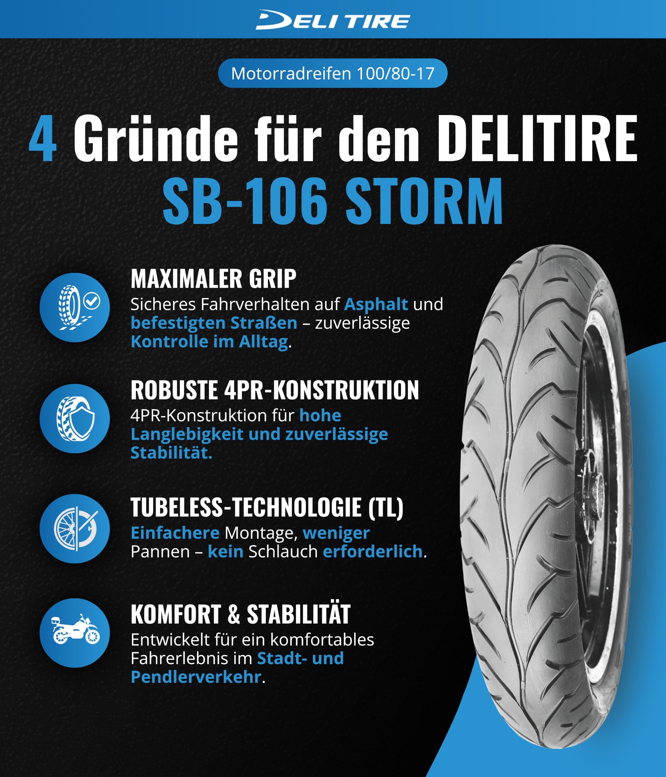 Reifen Motorrad 17 Zoll 100/80 x 17 Deli sb106 TL 52r (Rot)